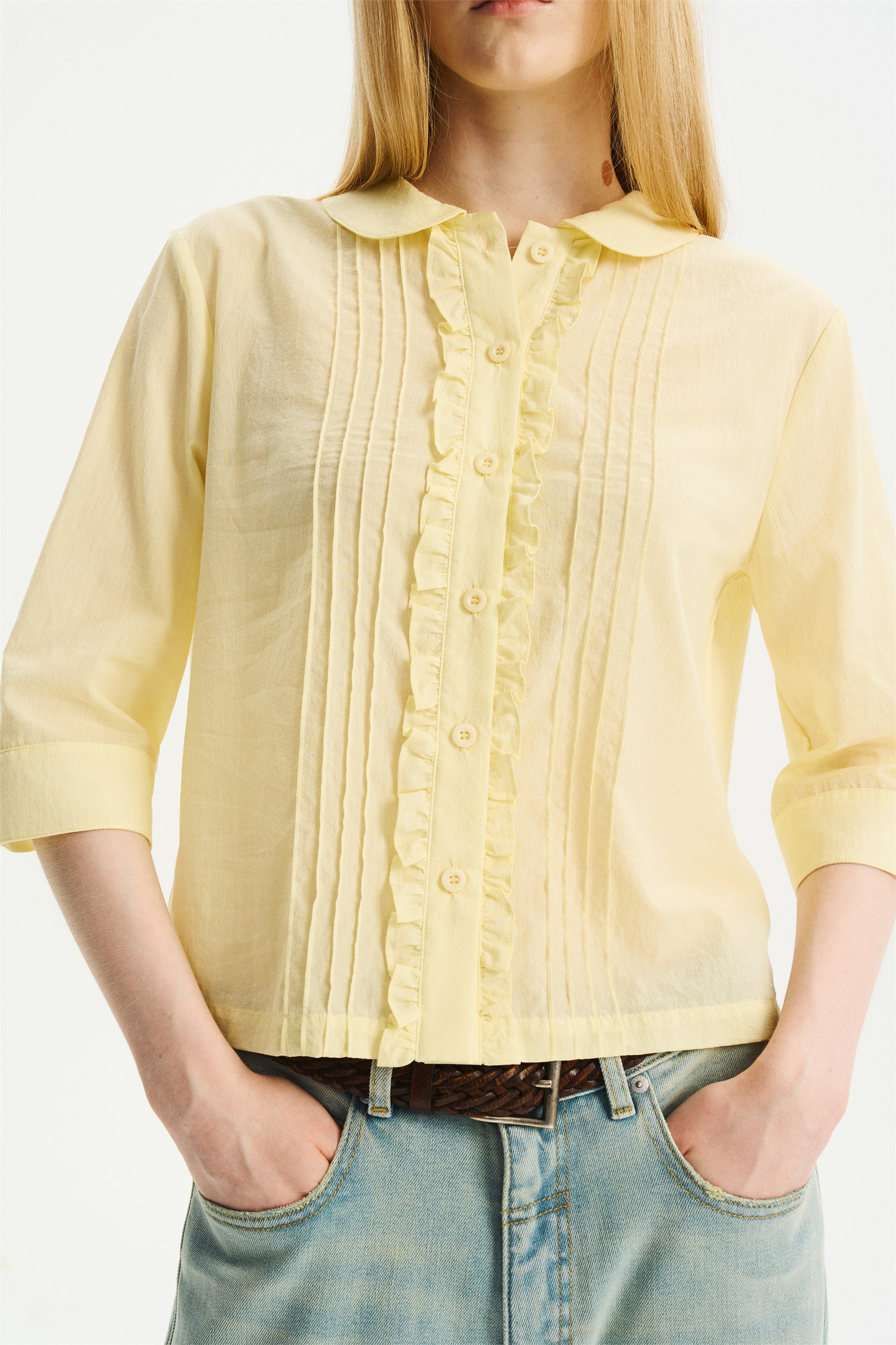 Peter Pan Collar Elbow-Sleeve Shirt Light Yellow
