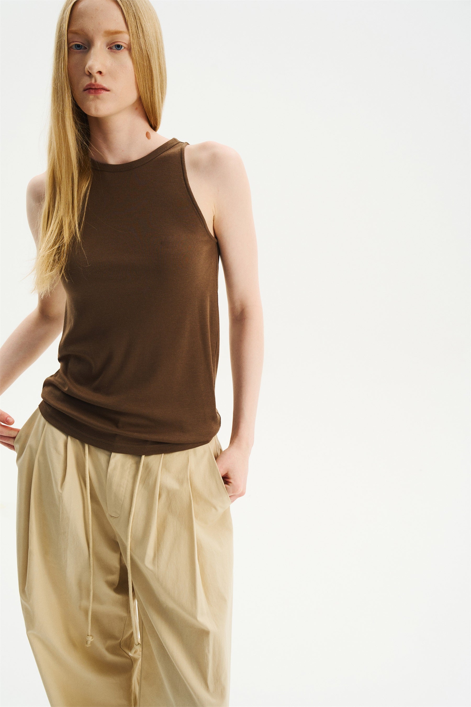 Relaxed Draped Halter Knit Camisole Brown