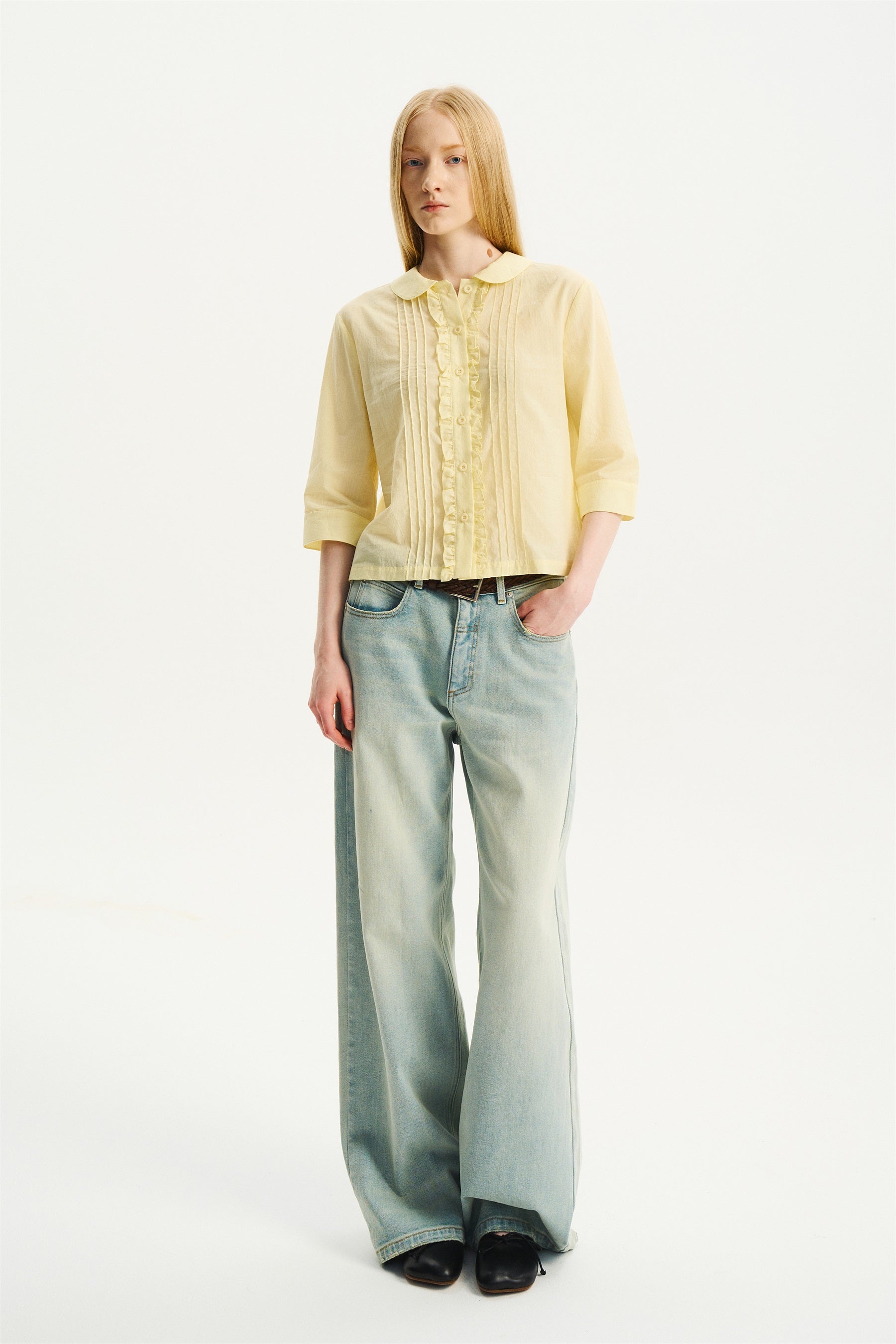 Peter Pan Collar Elbow-Sleeve Shirt Light Yellow