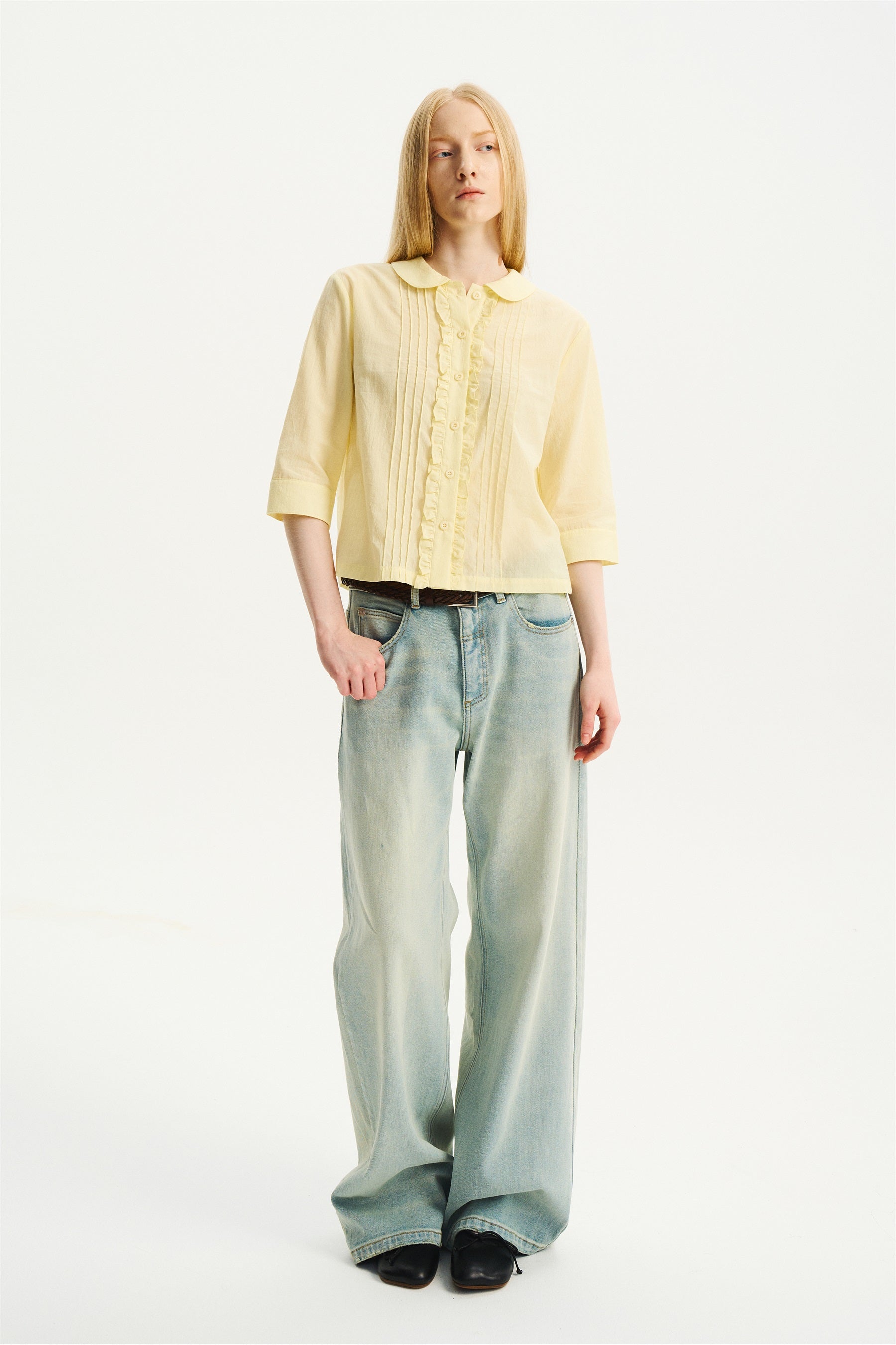 Peter Pan Collar Elbow-Sleeve Shirt Light Yellow