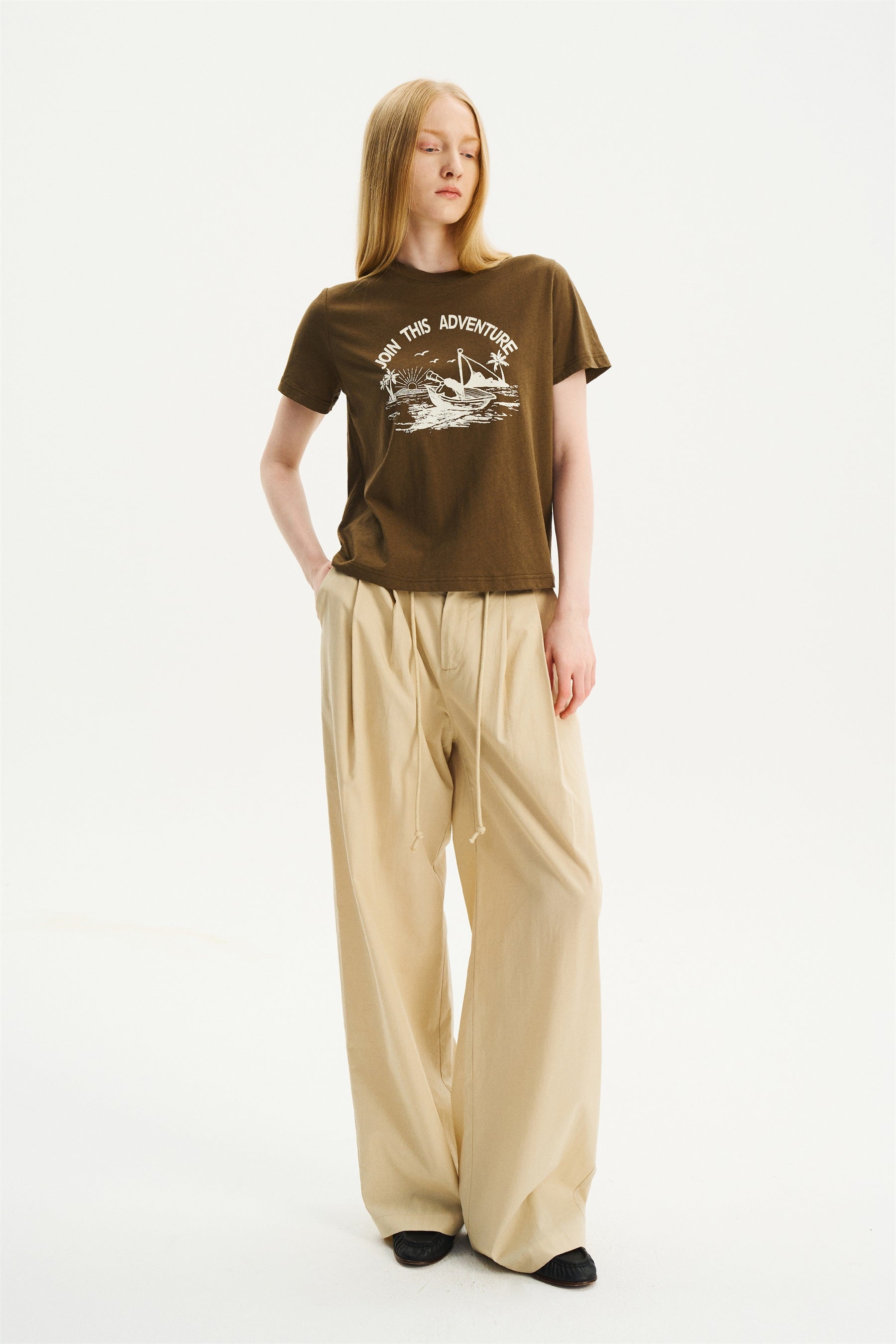 Mid-Low Rise Pleated Drawstring Pants Light Apricot