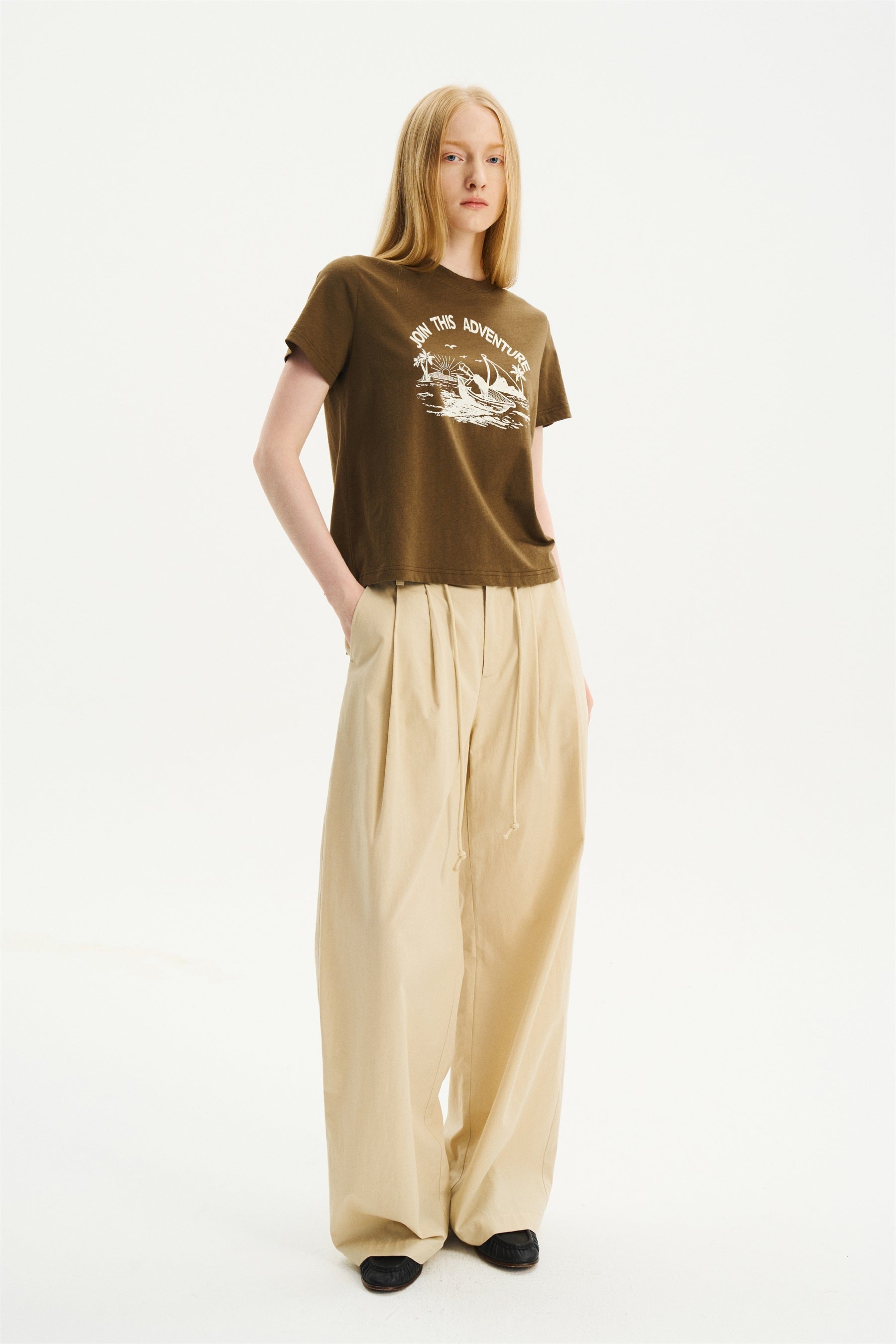 Mid-Low Rise Pleated Drawstring Pants Light Apricot