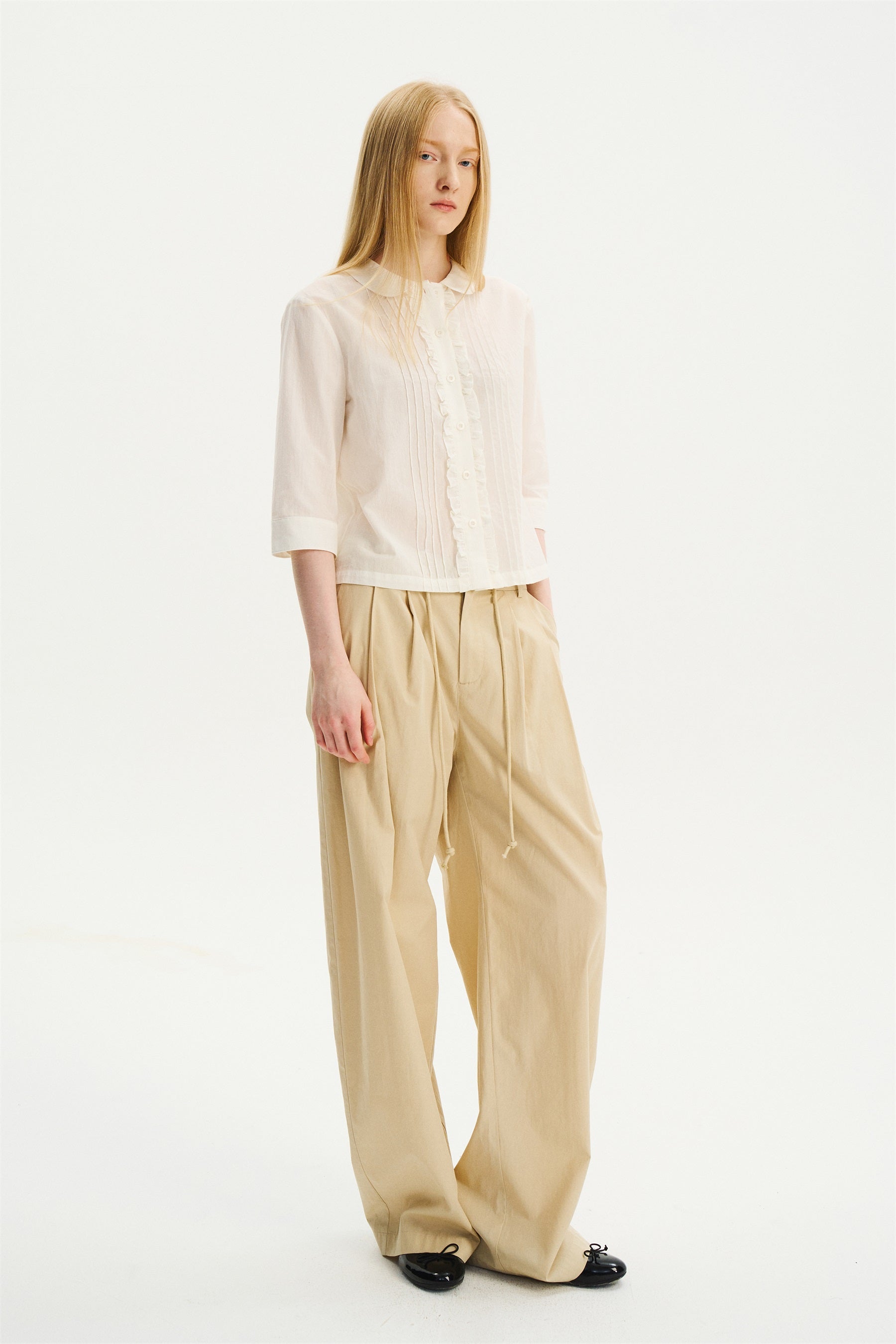 Peter Pan Collar Elbow-Sleeve Shirt White