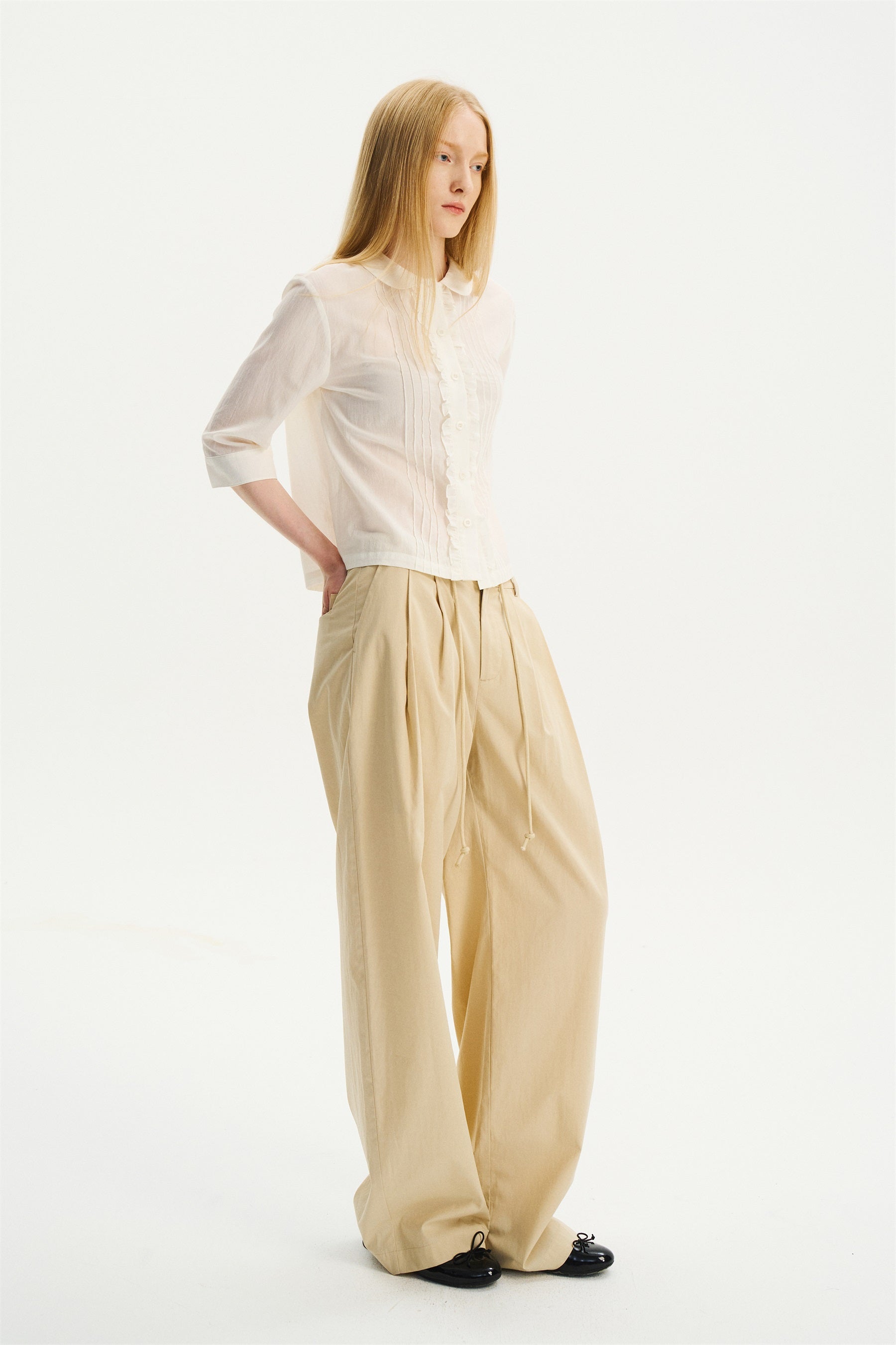 Mid-Low Rise Pleated Drawstring Pants Light Apricot