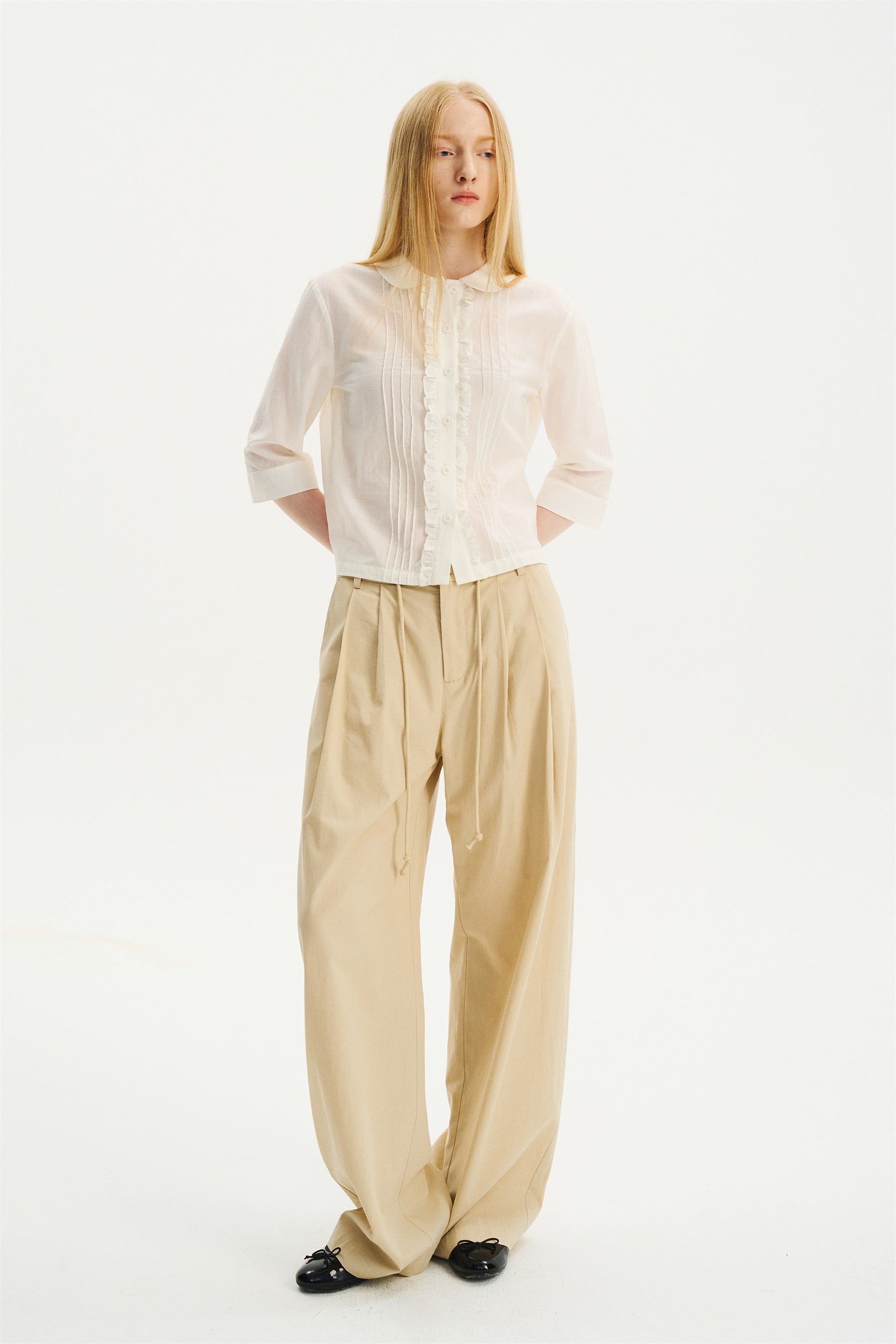 Mid-Low Rise Pleated Drawstring Pants Light Apricot