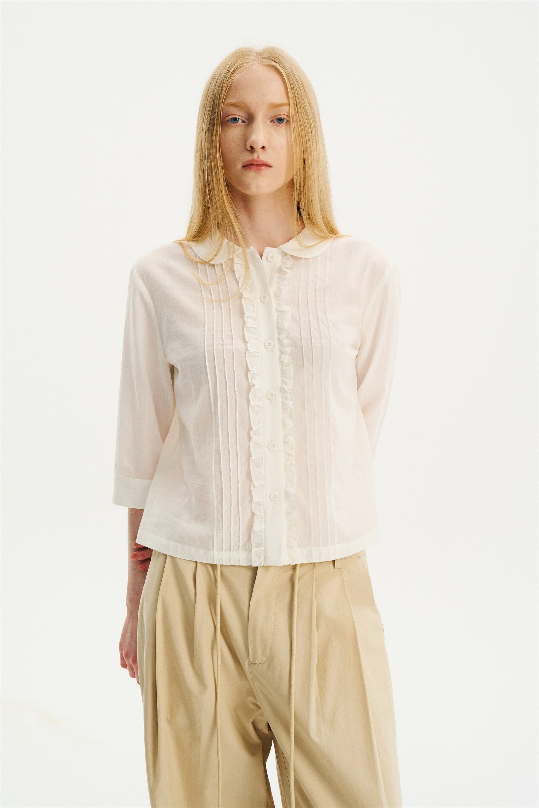 Peter Pan Collar Elbow-Sleeve Shirt White