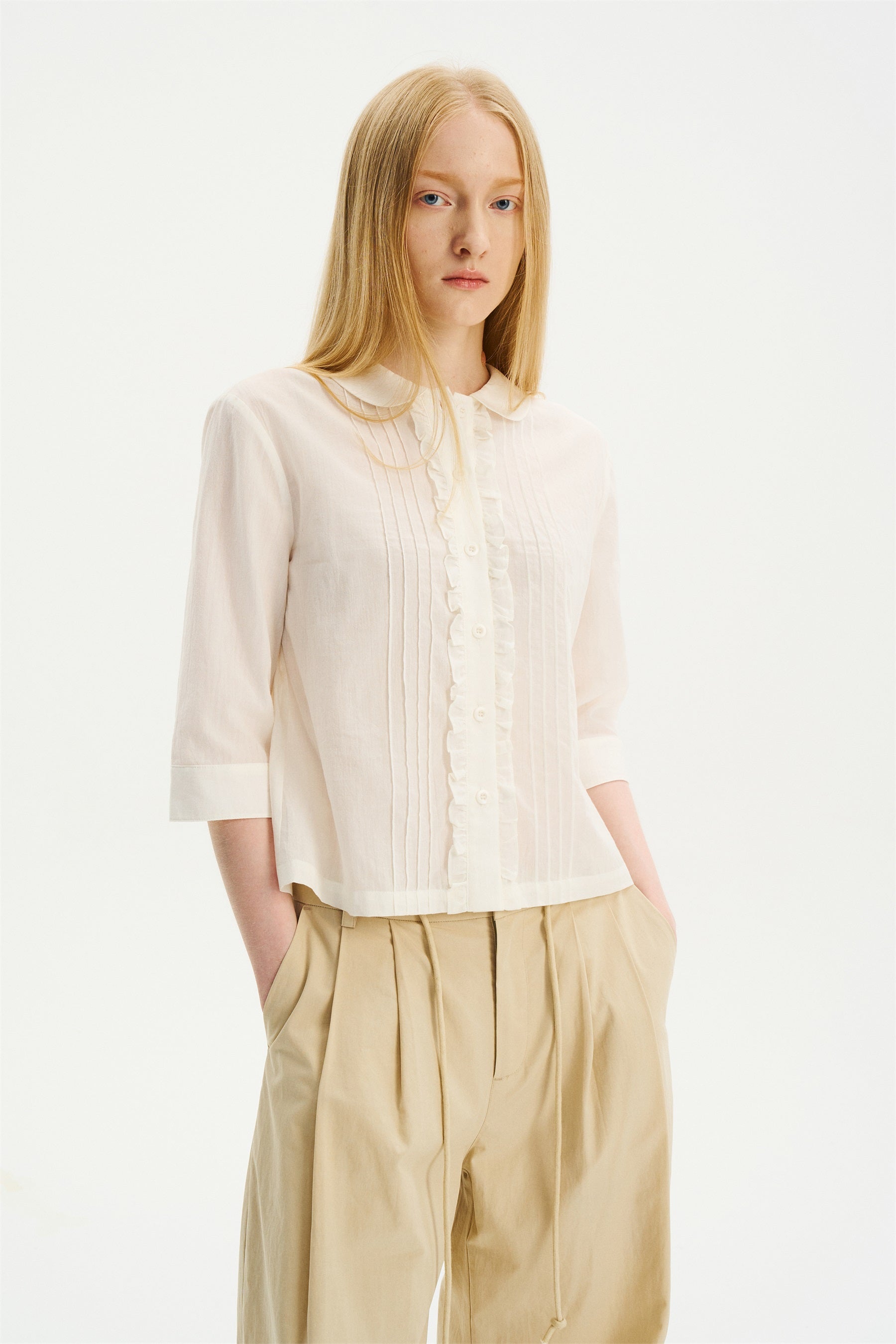Peter Pan Collar Elbow-Sleeve Shirt White
