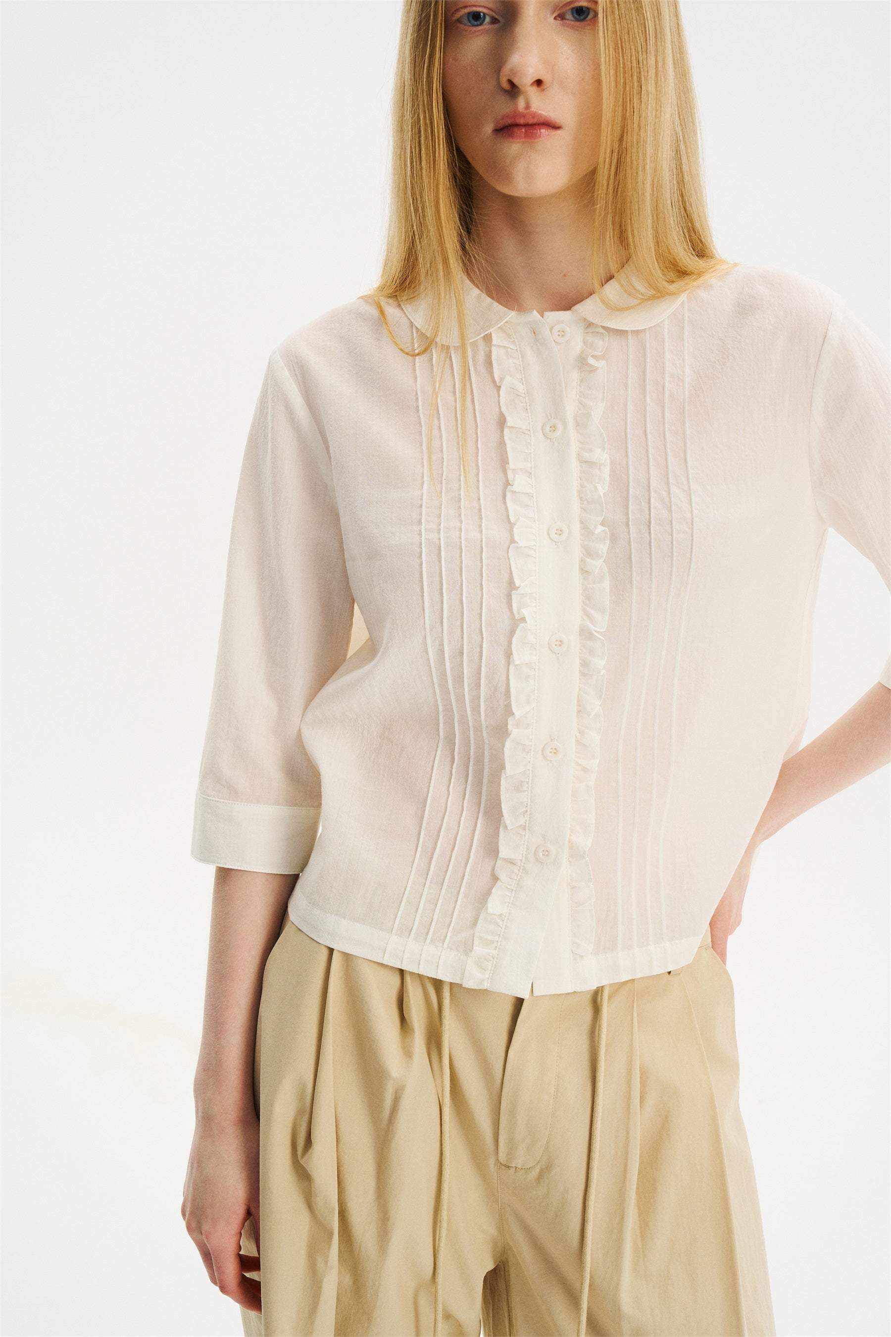Peter Pan Collar Elbow-Sleeve Shirt White