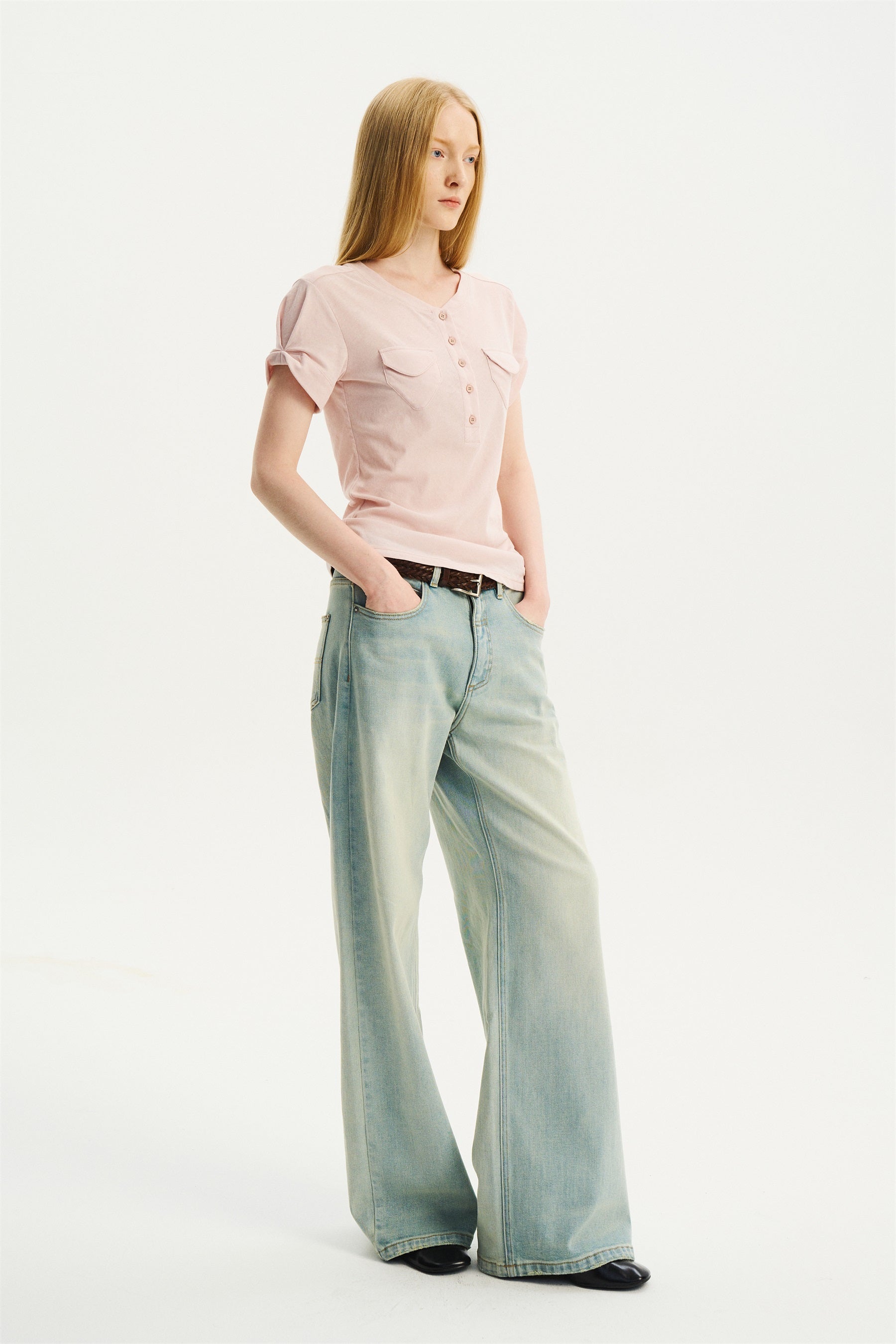 Lightweight Double-Pocket Henley T-Shirt Light Pink