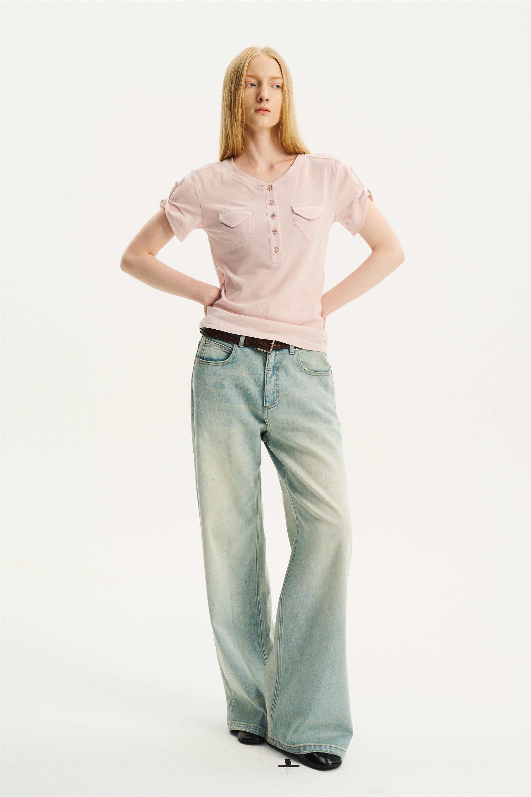 Lightweight Double-Pocket Henley T-Shirt Light Pink