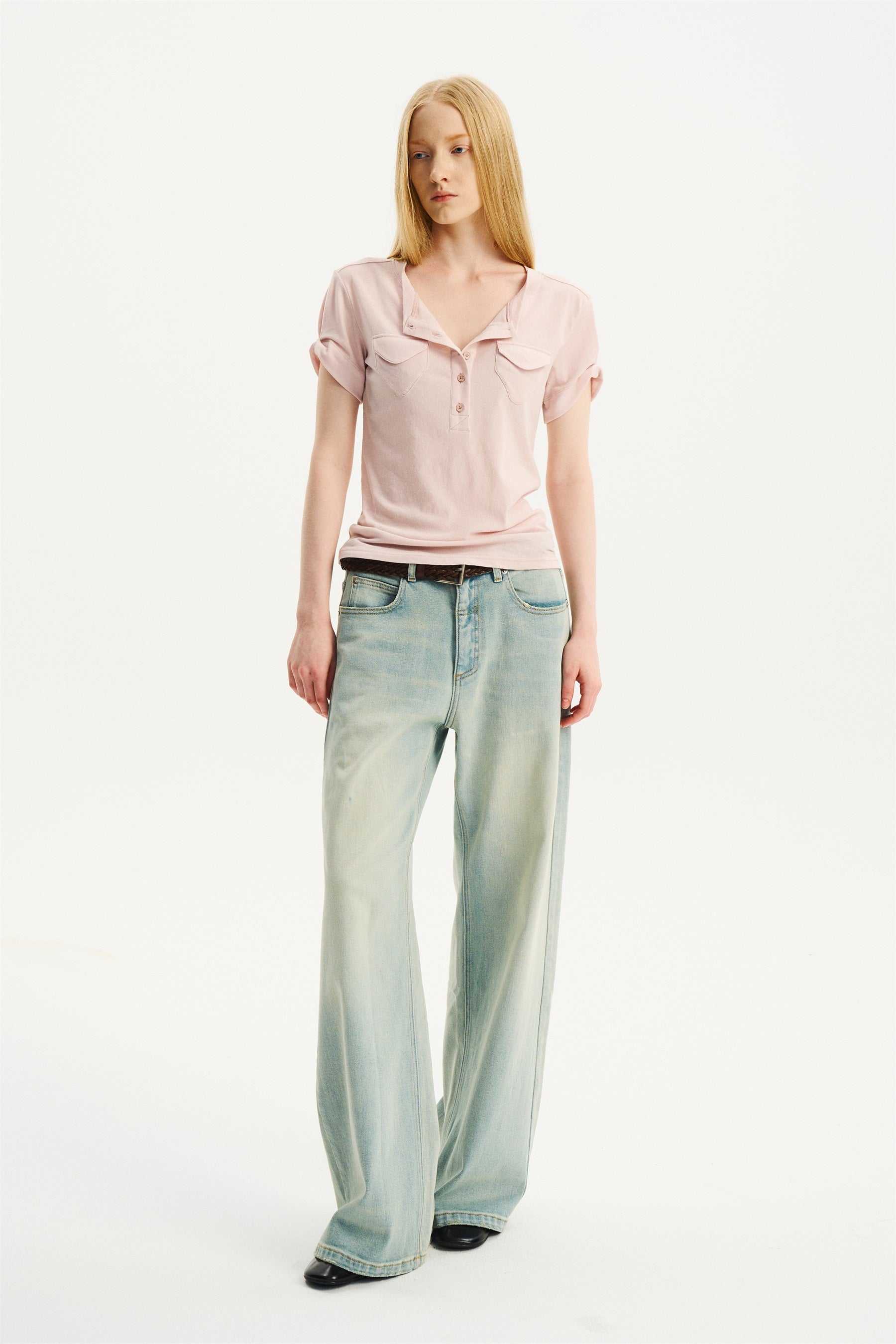 Lightweight Double-Pocket Henley T-Shirt Light Pink