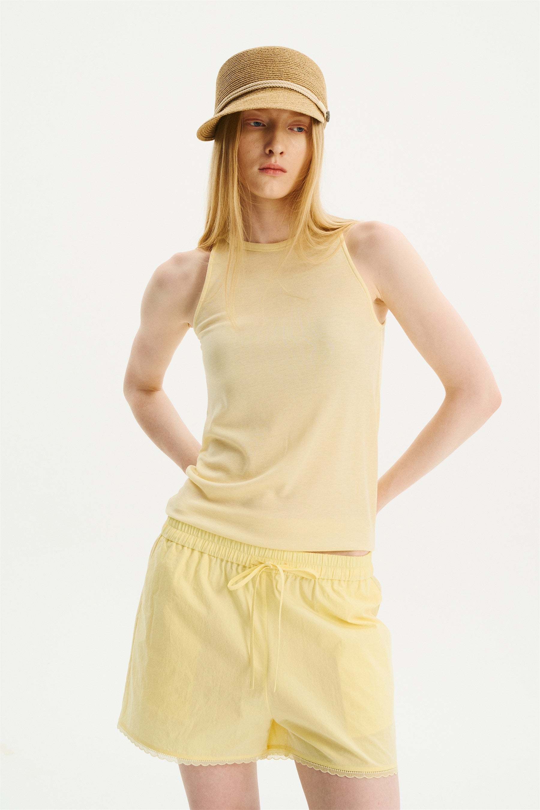 Elastic-Waist Lace-Trim Shorts Yellow