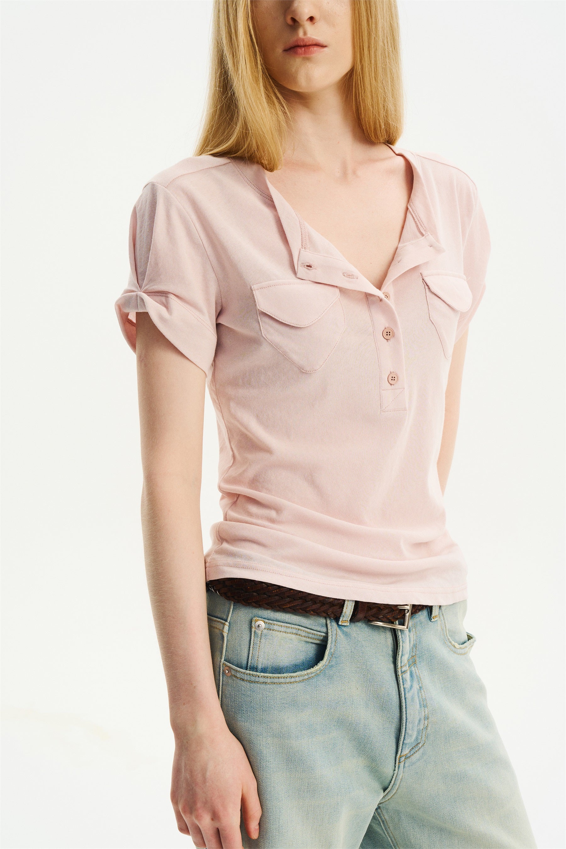 Lightweight Double-Pocket Henley T-Shirt Light Pink
