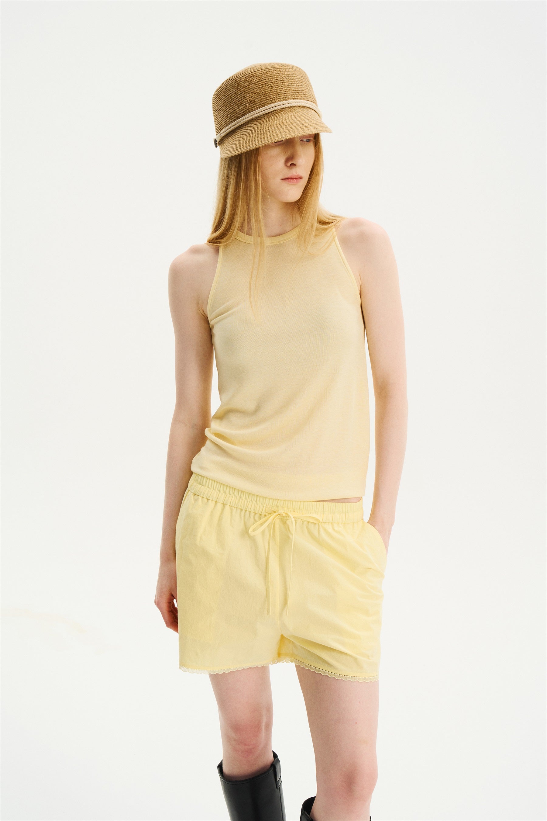 Elastic-Waist Lace-Trim Shorts Yellow