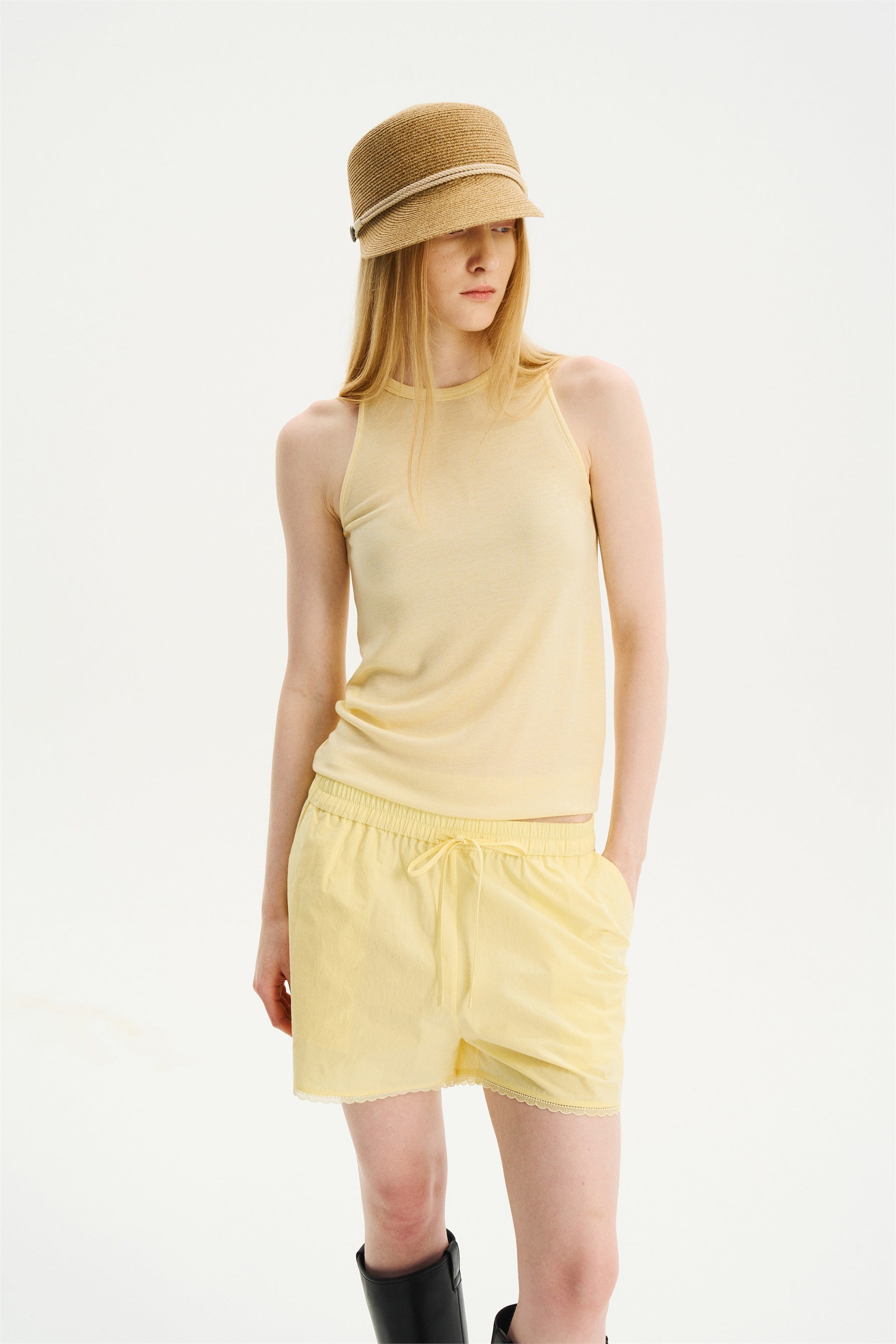 Relaxed Draped Halter Knit Camisole Yellow