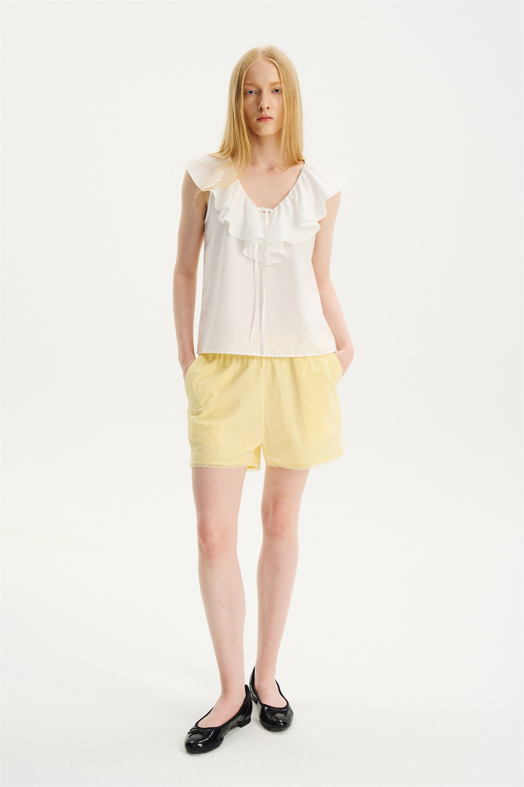 V-Neck Ruffle Sleeveless Top White