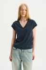 Textured Snowy Cotton-Hemp V-Neck T-Shirt Blue