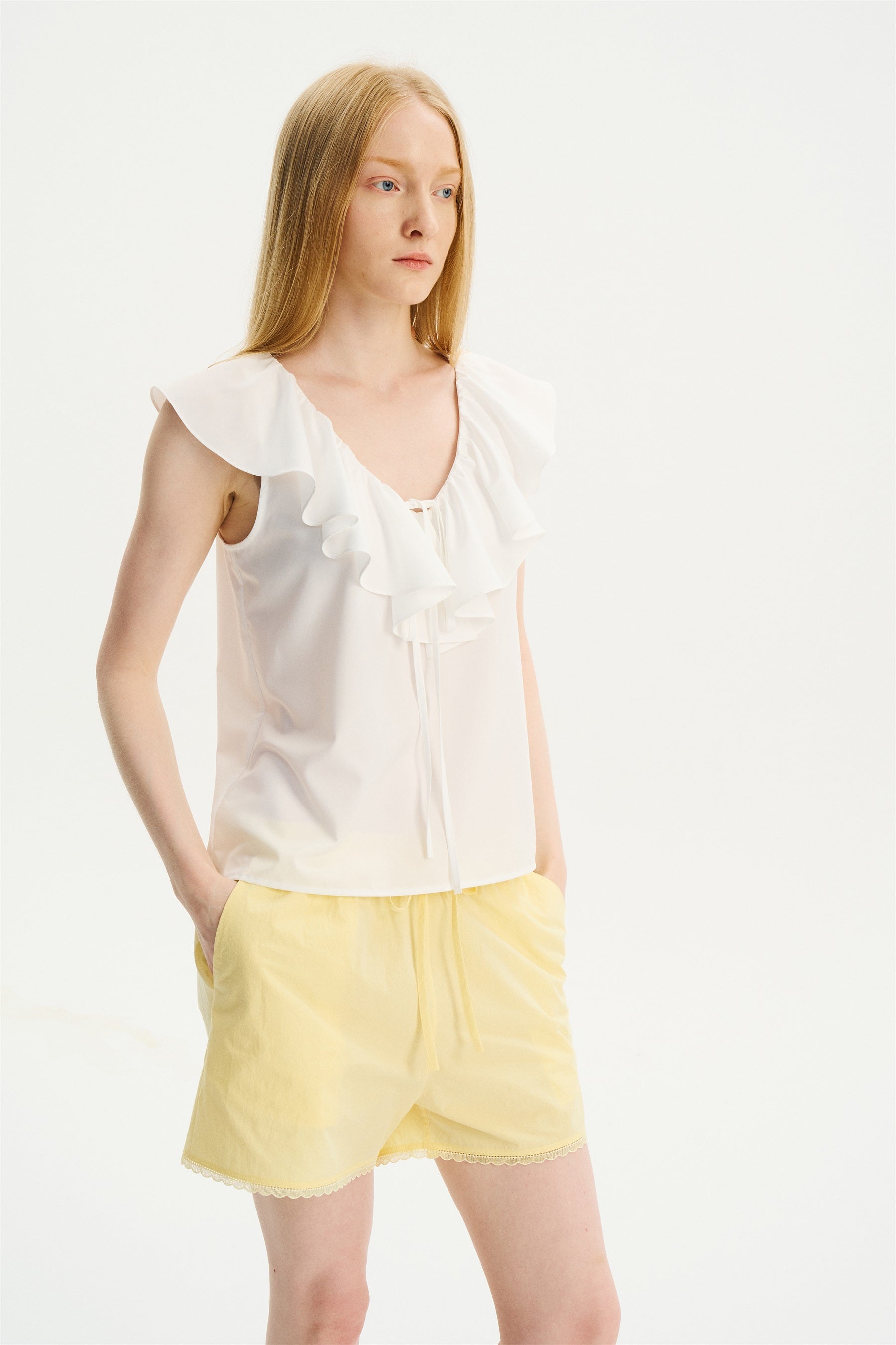 V-Neck Ruffle Sleeveless Top White