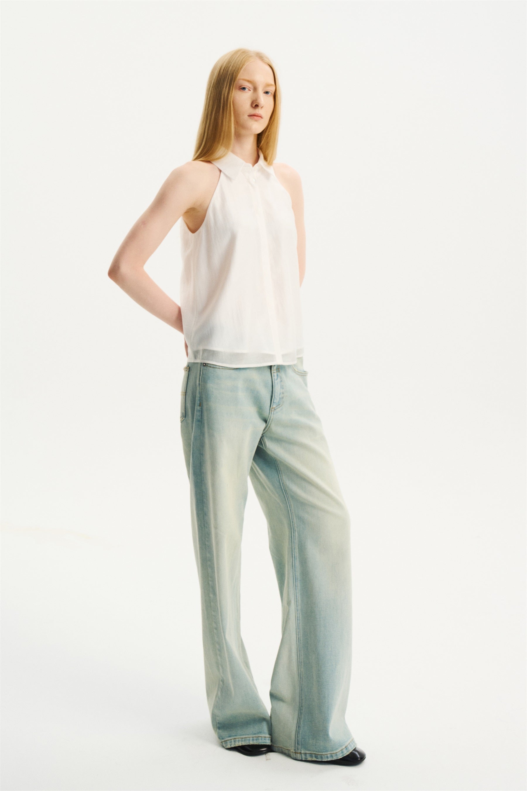 Halter Sleeveless Shirt-Collar Top White