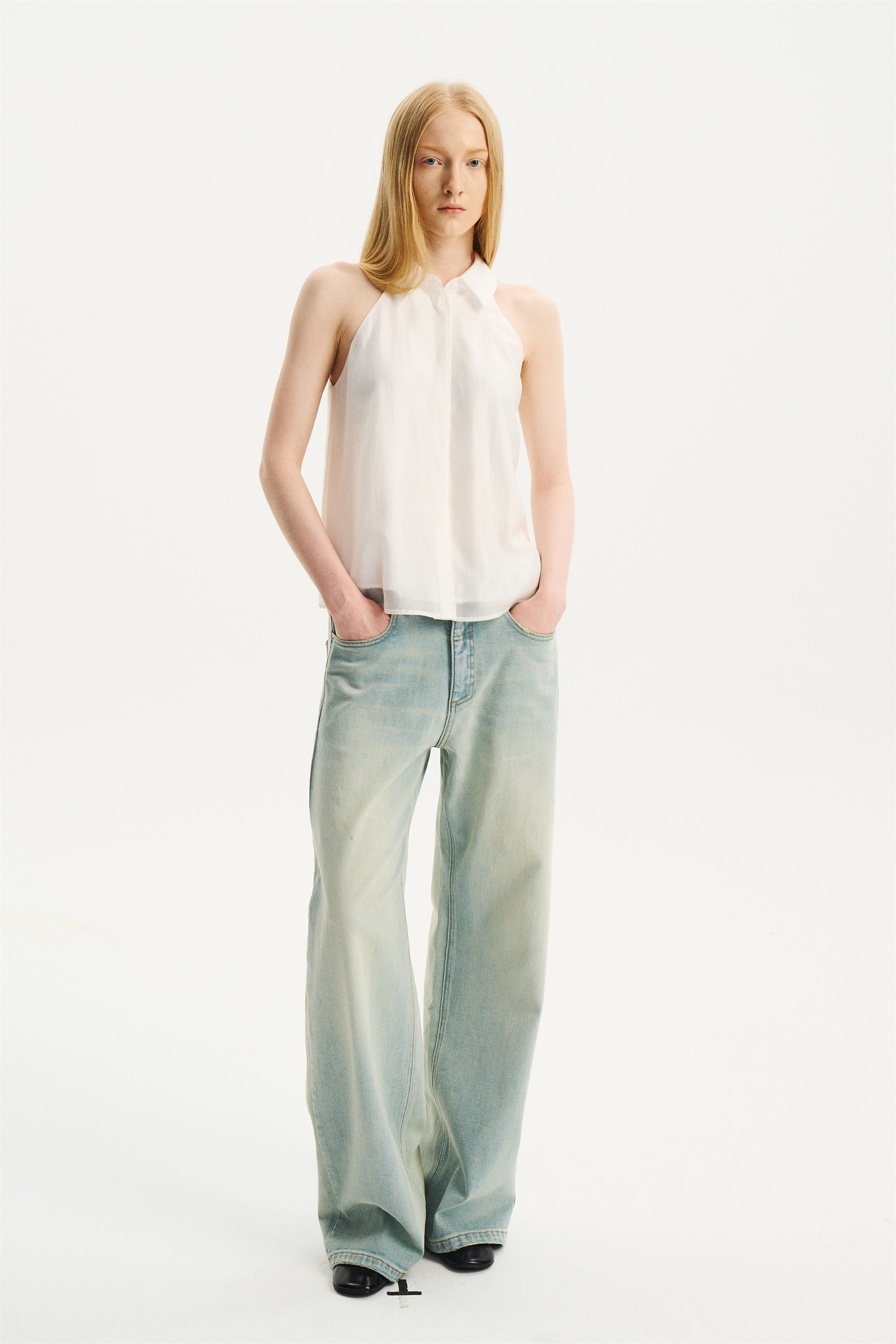 Halter Sleeveless Shirt-Collar Top White
