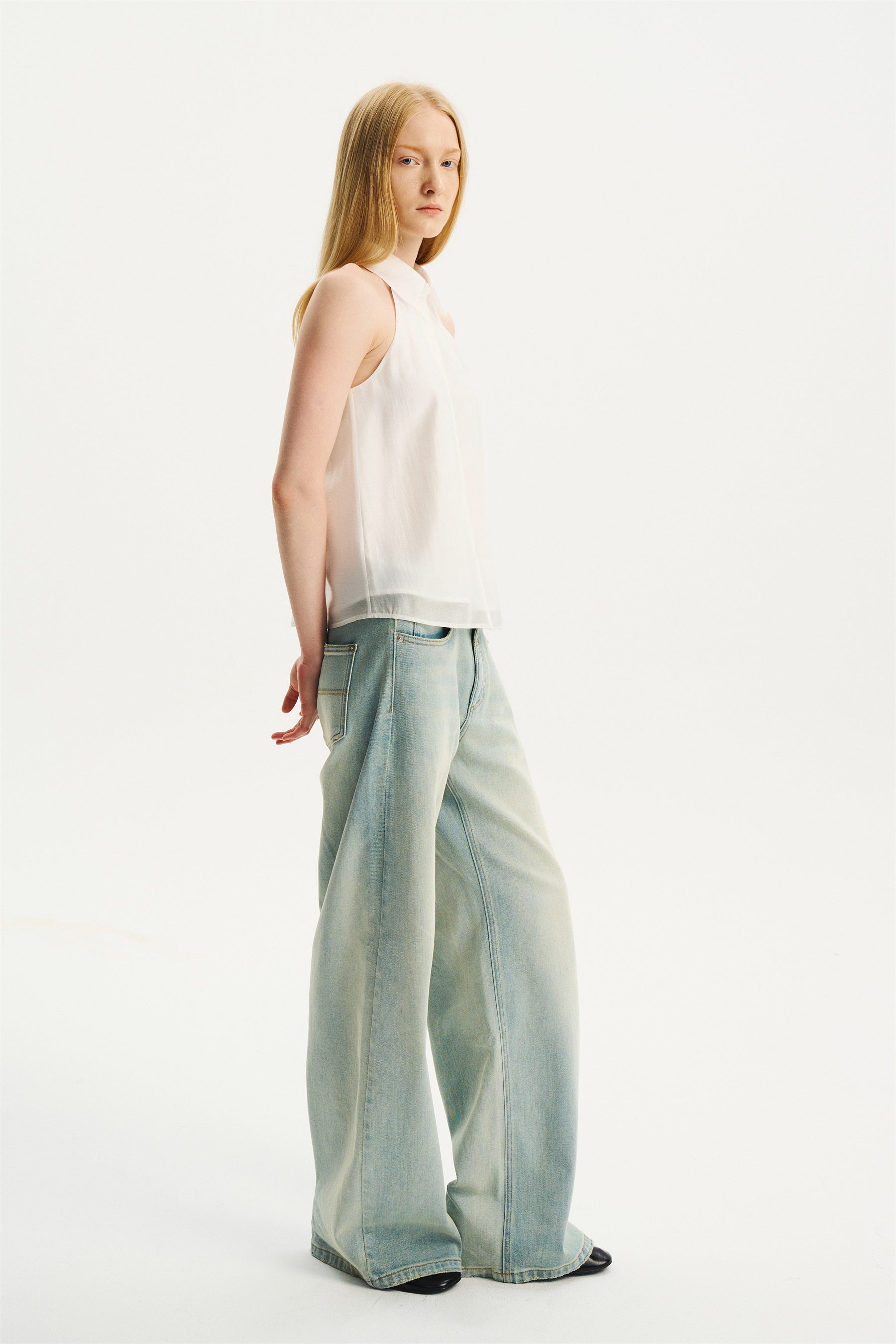 Halter Sleeveless Shirt-Collar Top White