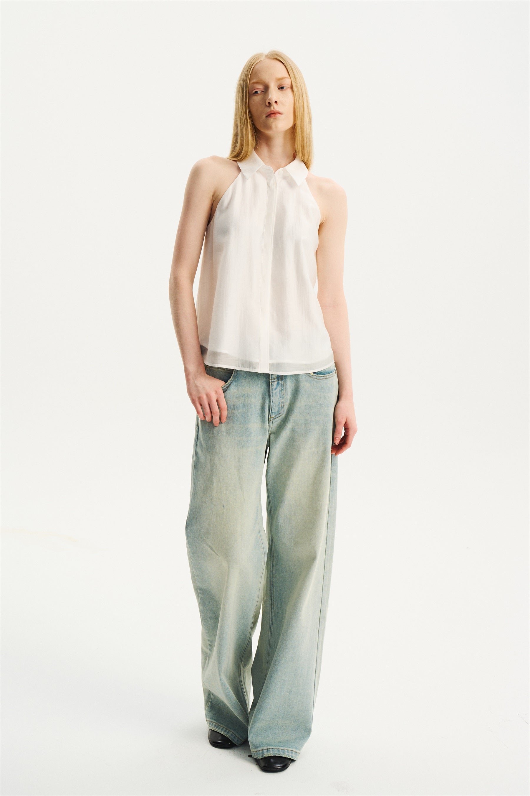 Halter Sleeveless Shirt-Collar Top White