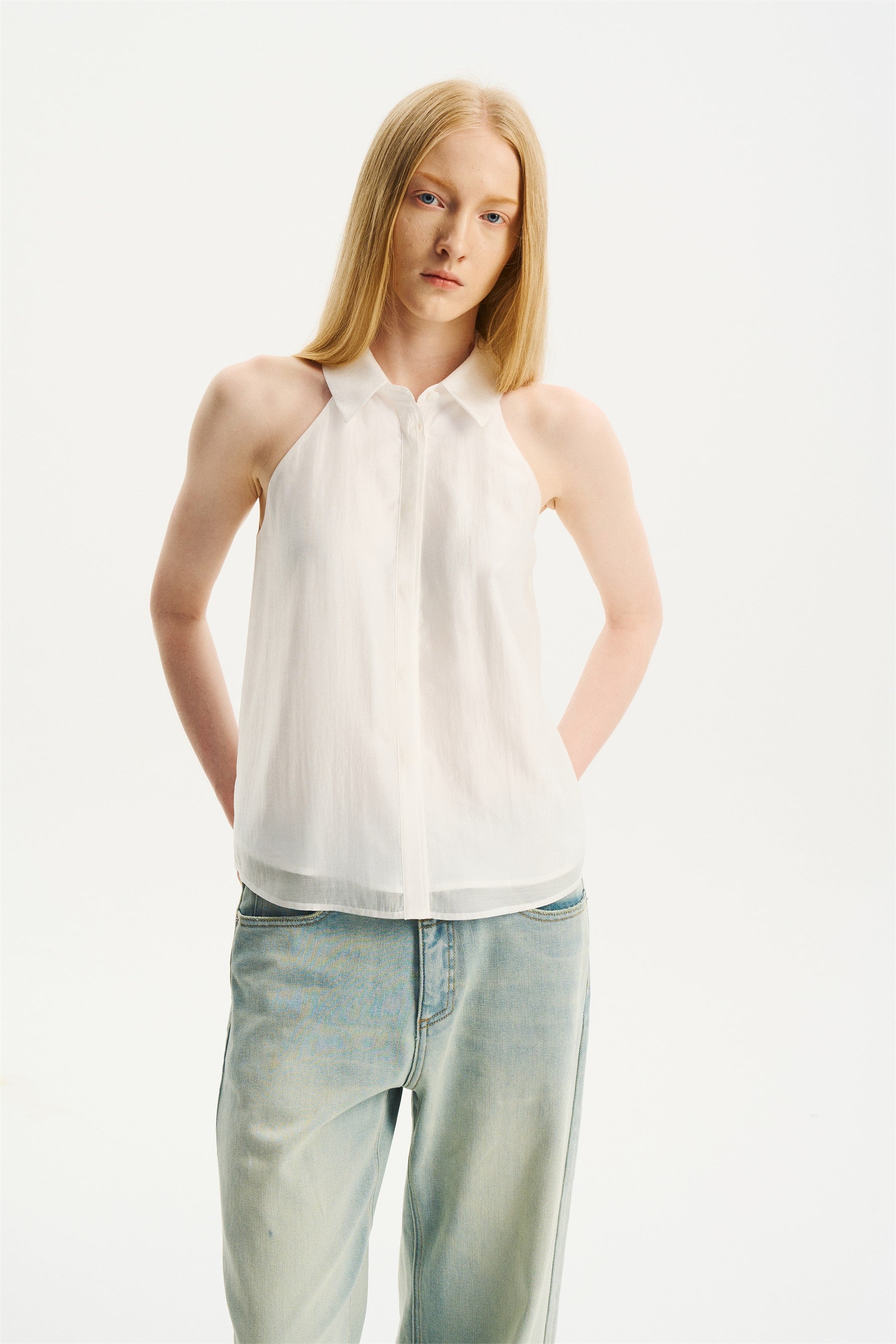 Halter Sleeveless Shirt-Collar Top White