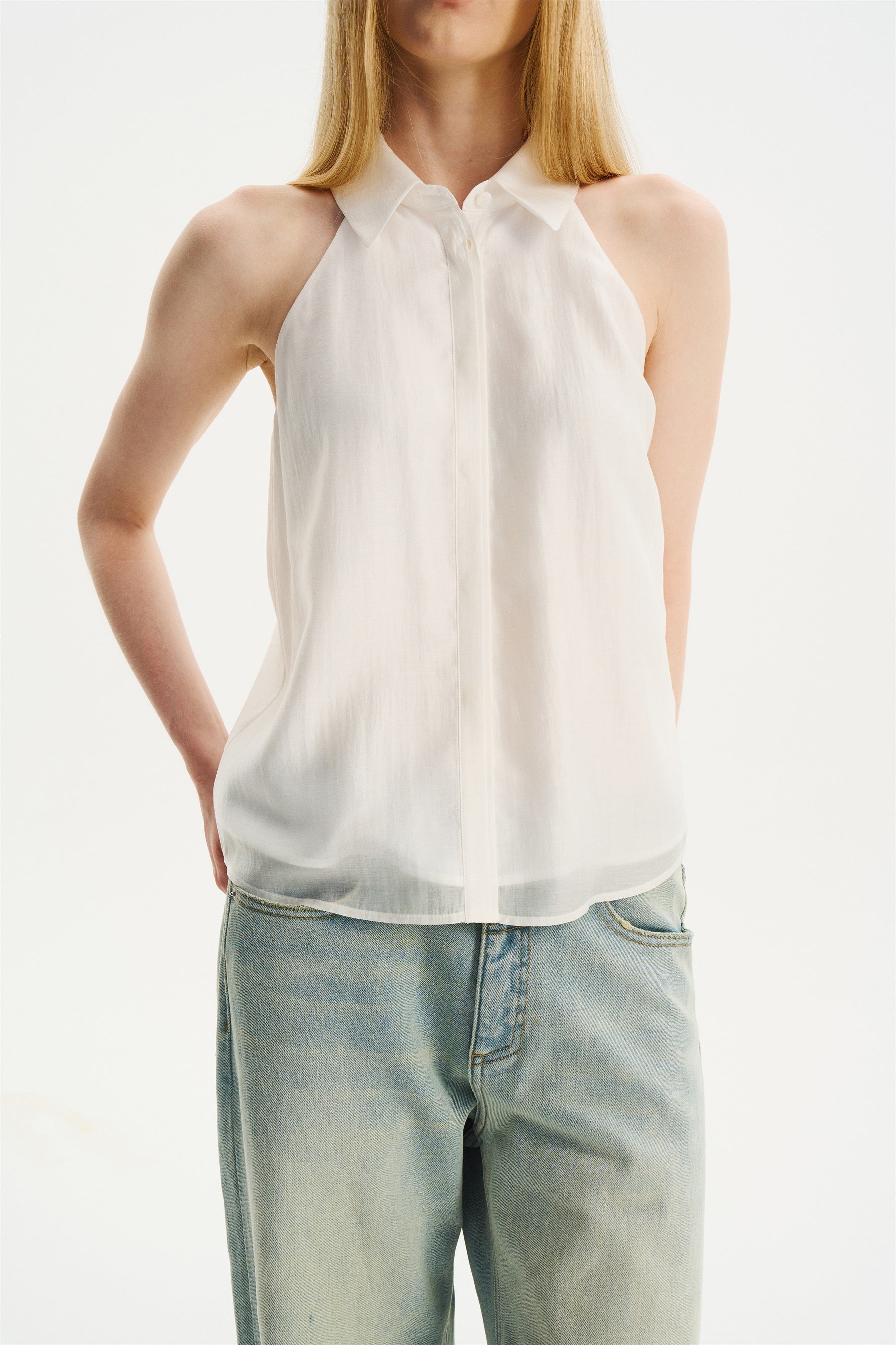 Halter Sleeveless Shirt-Collar Top White