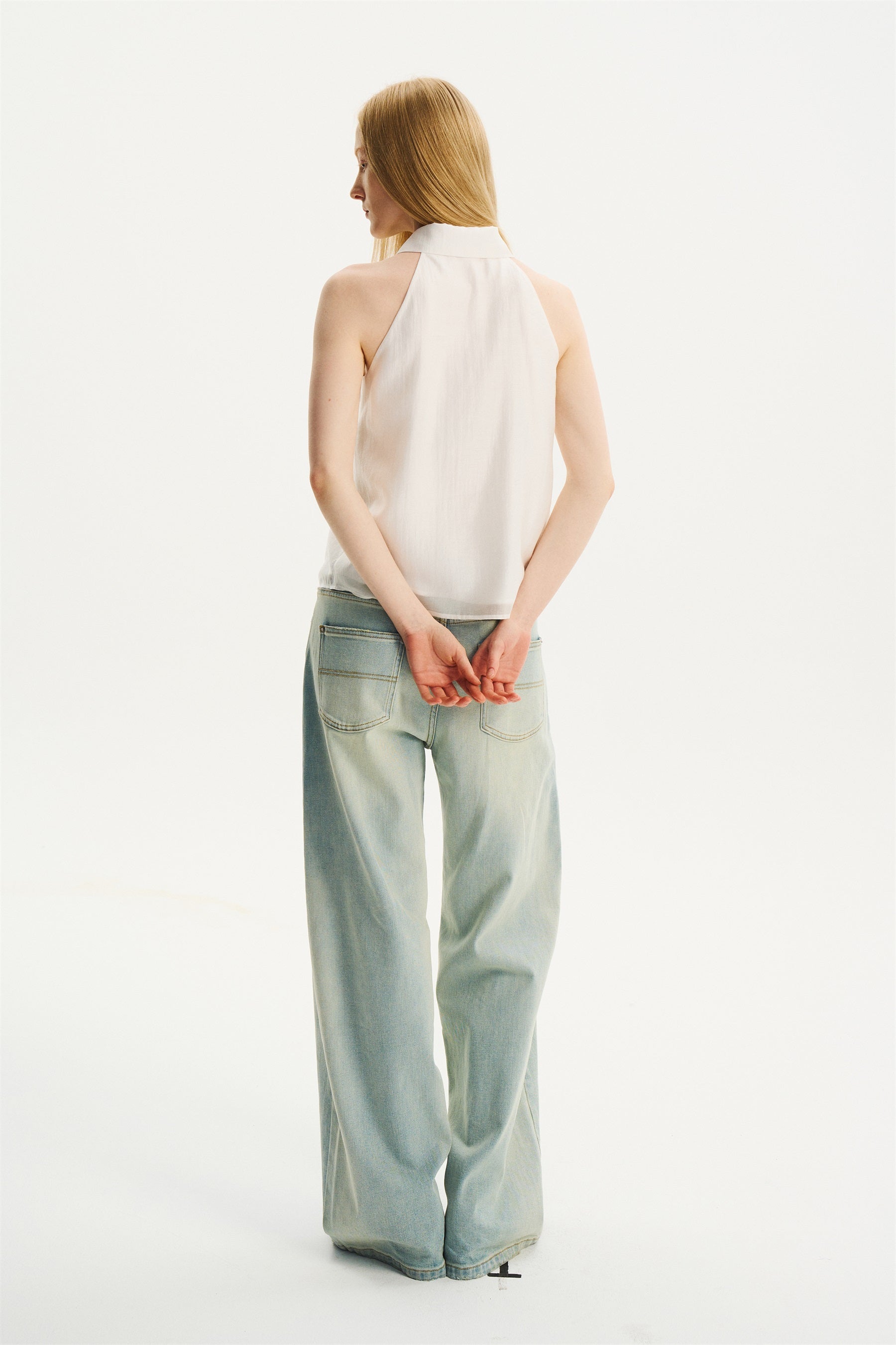 Halter Sleeveless Shirt-Collar Top White