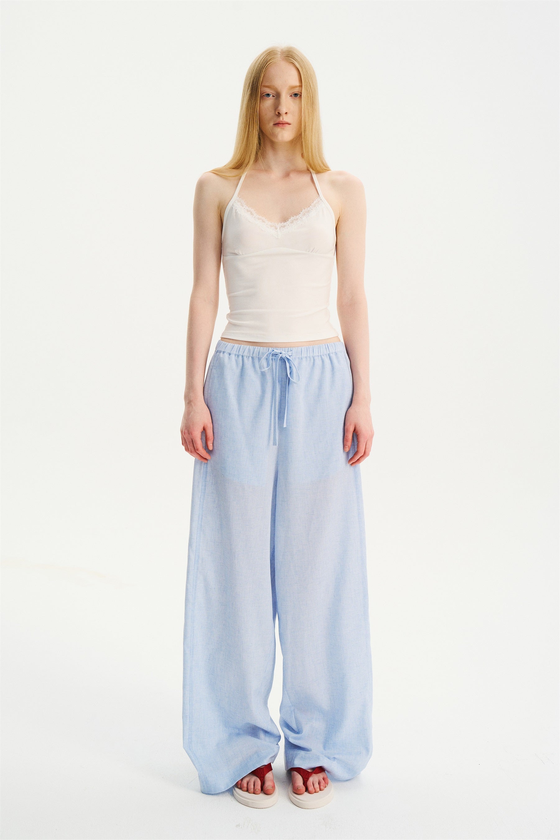 Textured Check Drawstring Wide-Leg Pants Blue White Check