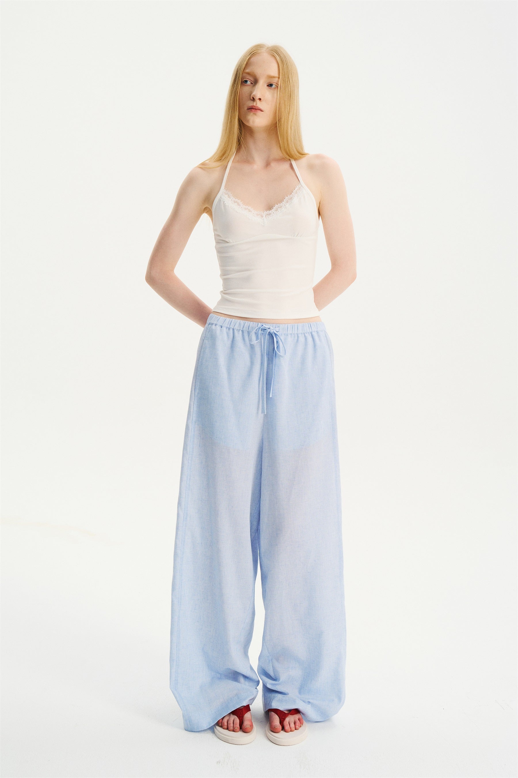 Textured Check Drawstring Wide-Leg Pants Blue White Check