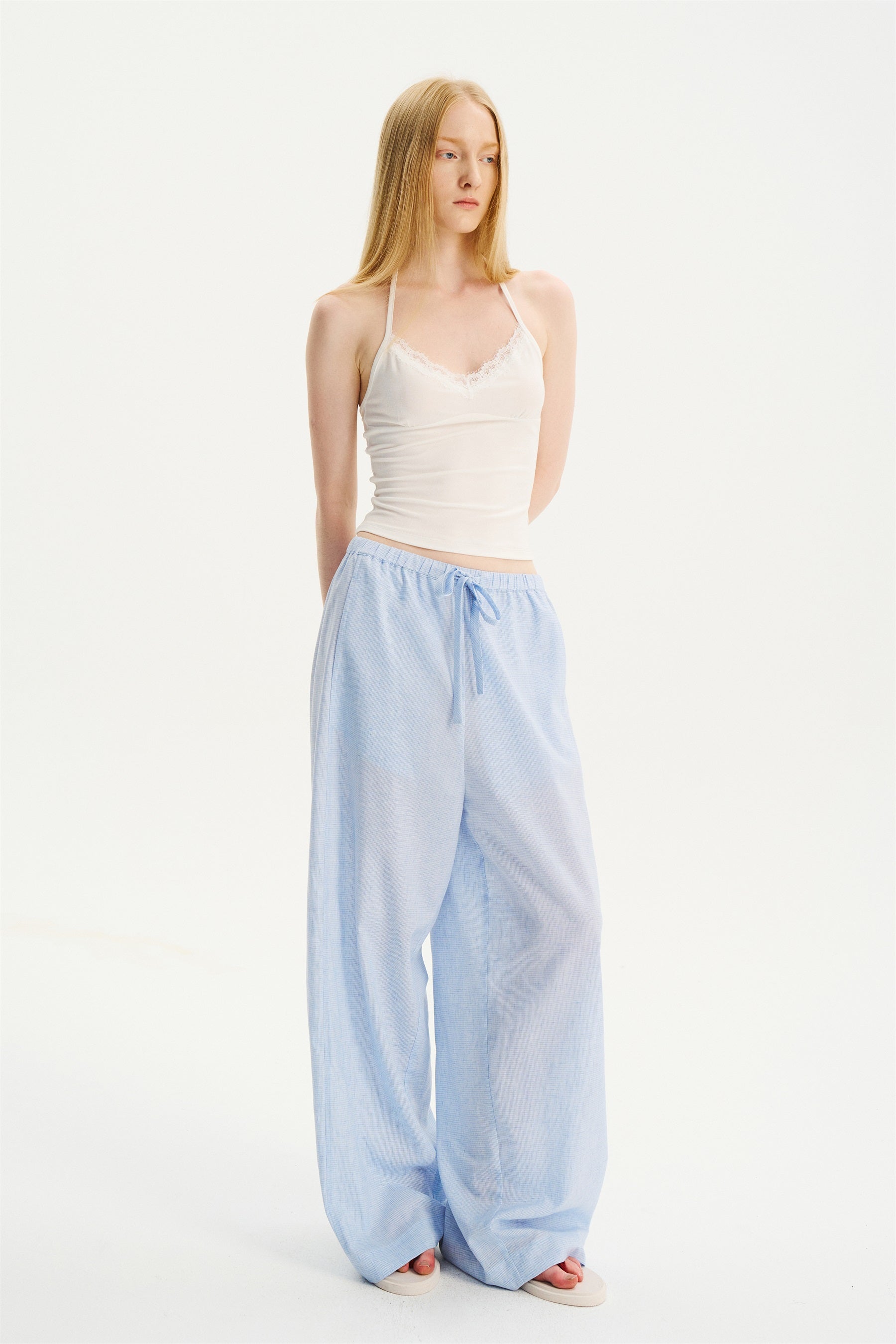 Textured Check Drawstring Wide-Leg Pants Blue White Check