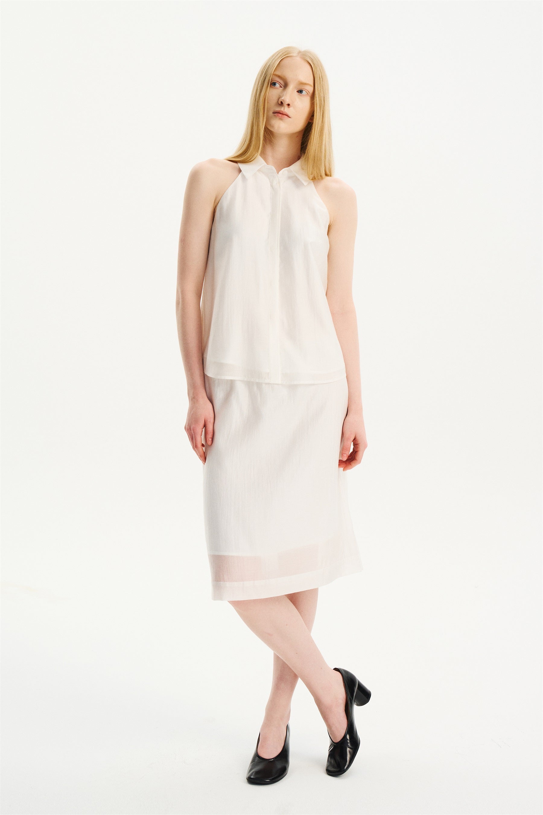 Halter Sleeveless Shirt-Collar Top White