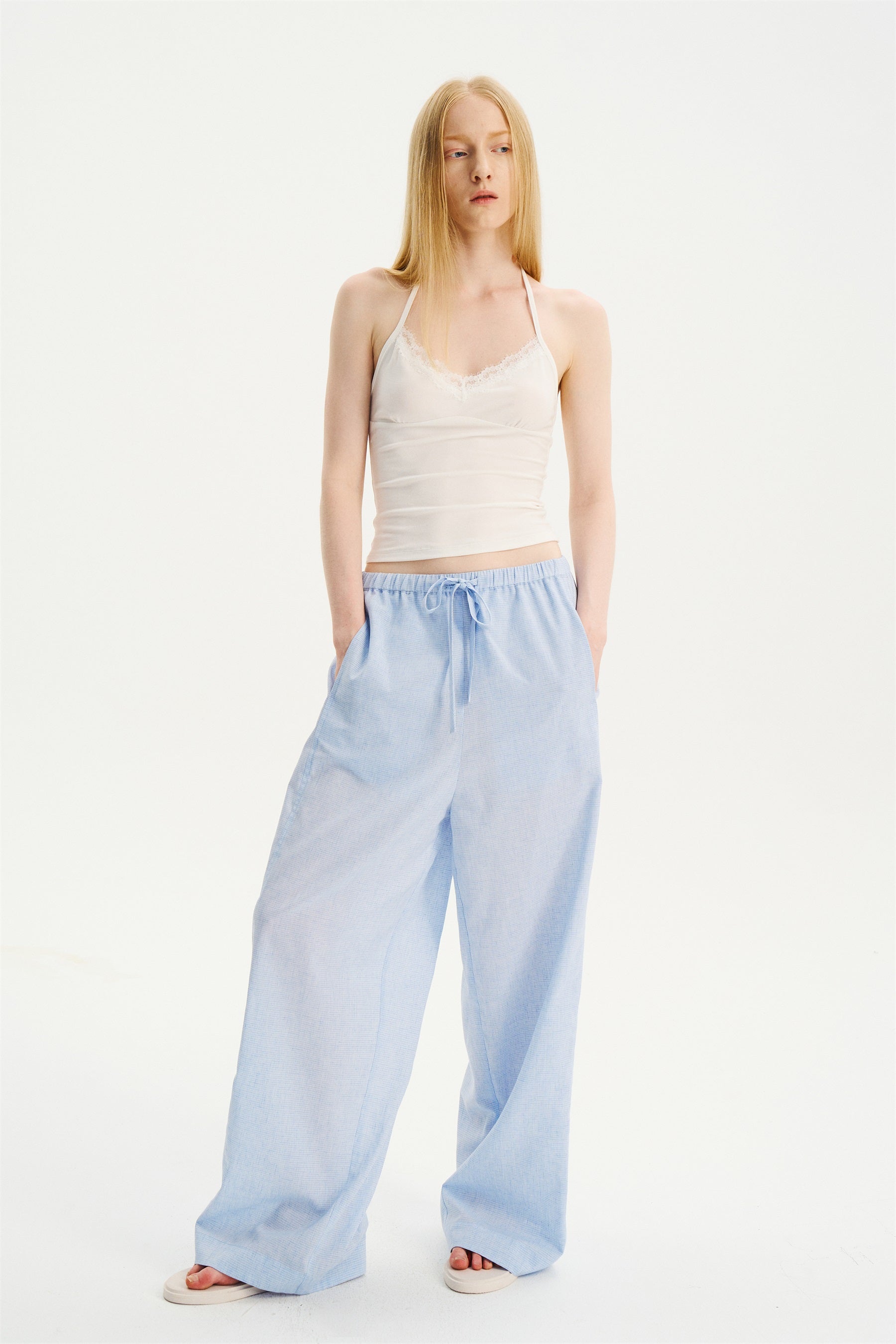 Textured Check Drawstring Wide-Leg Pants Blue White Check