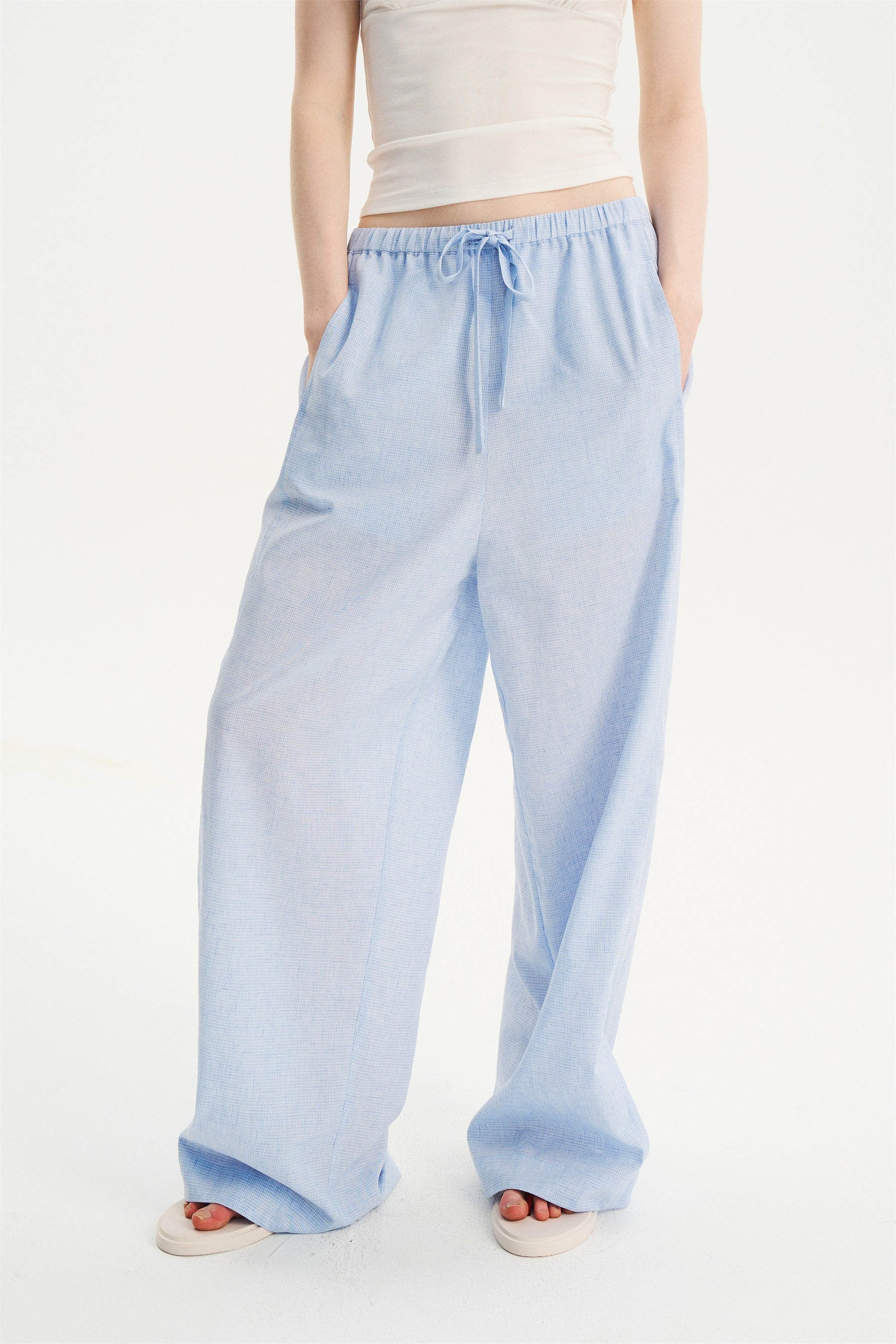 Textured Check Drawstring Wide-Leg Pants Blue White Check