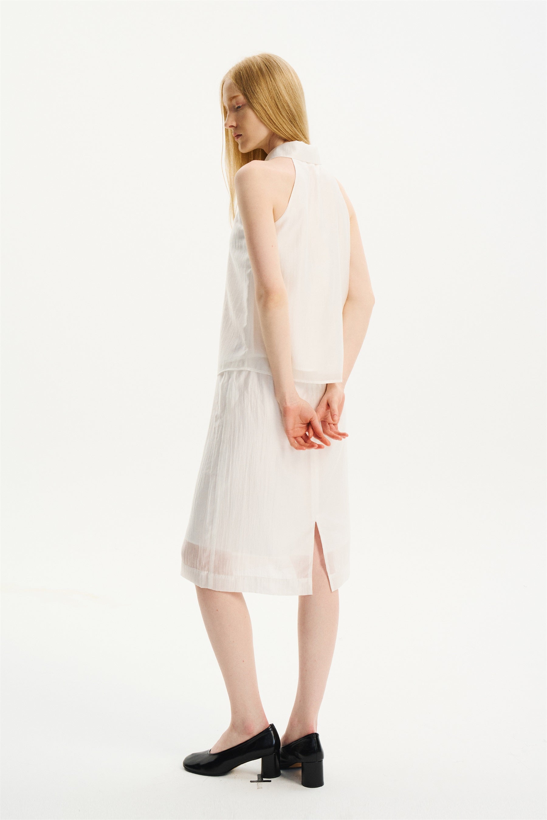 Lightweight Lace-Trim Elastic-Waist Midi Skirt White