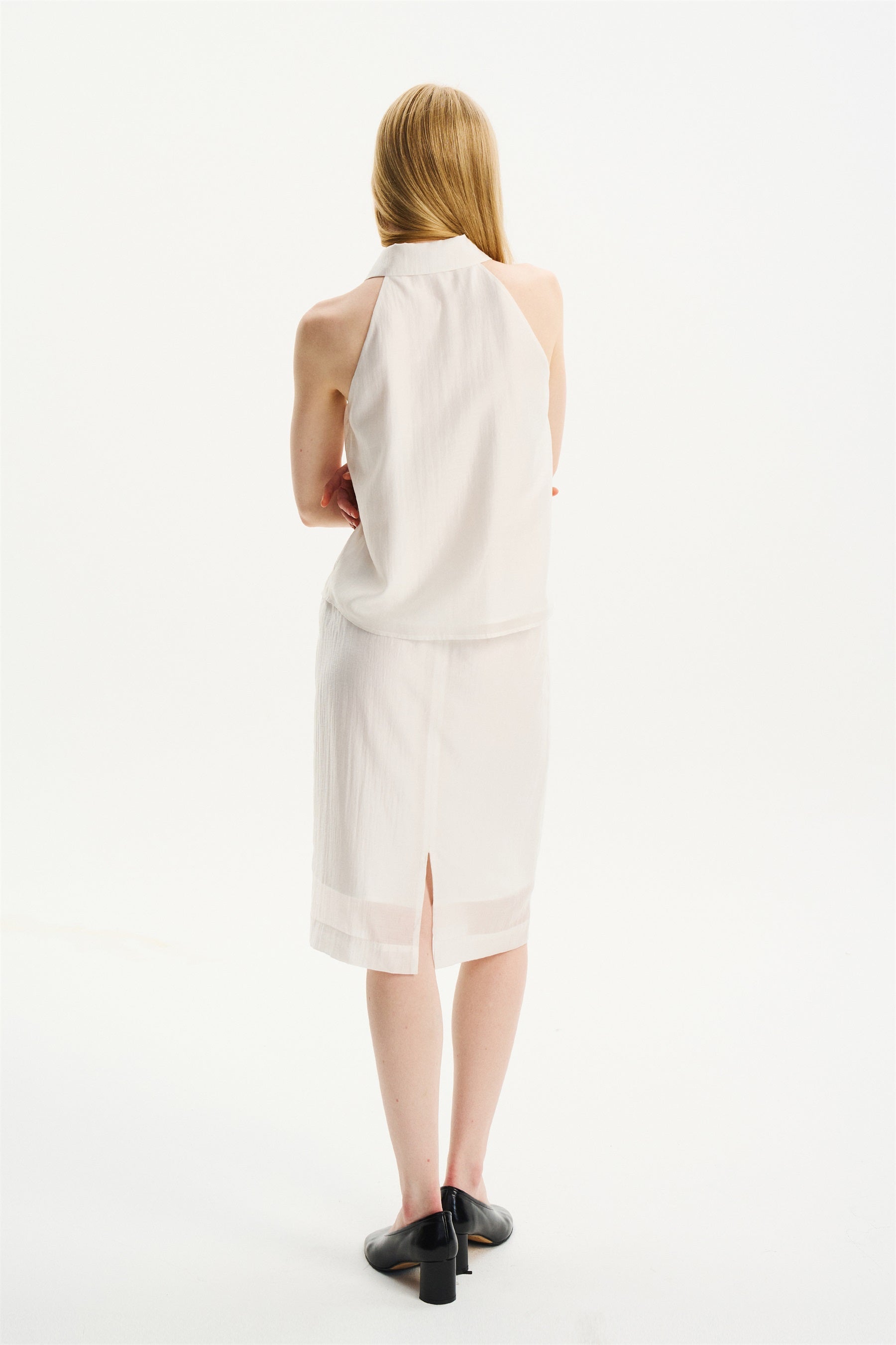 Halter Sleeveless Shirt-Collar Top White
