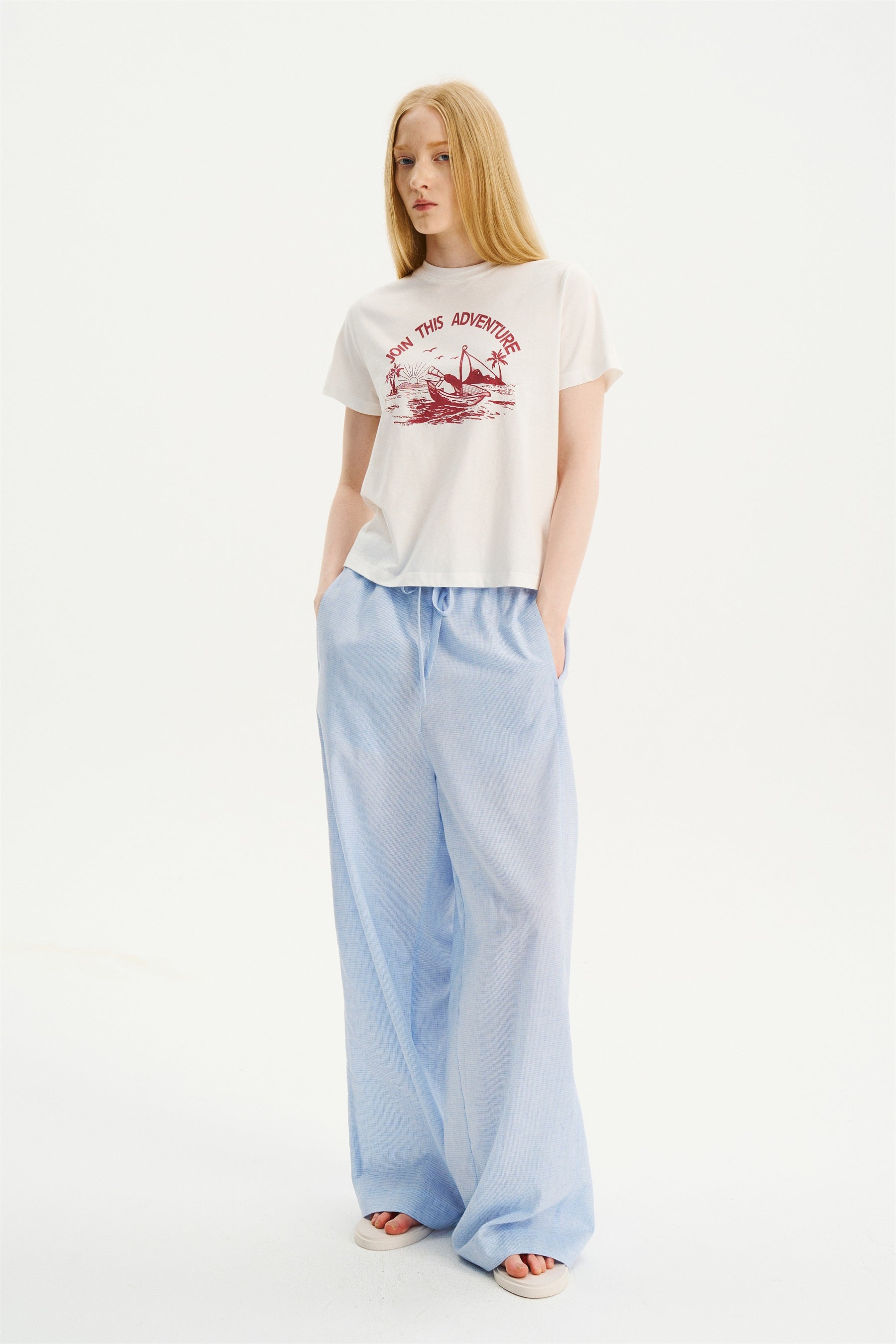 Textured Check Drawstring Wide-Leg Pants Blue White Check