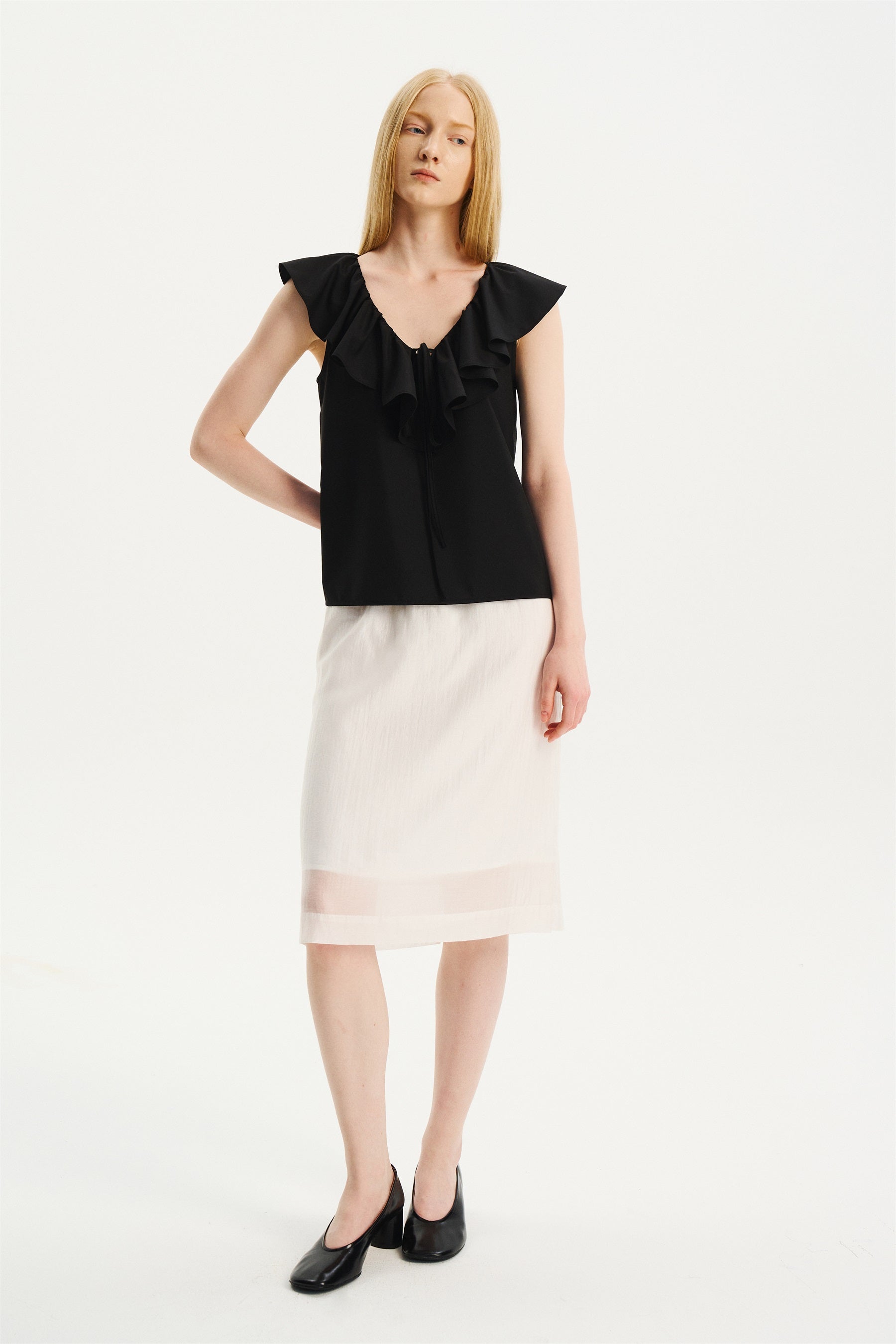 V-Neck Ruffle Sleeveless Top Black