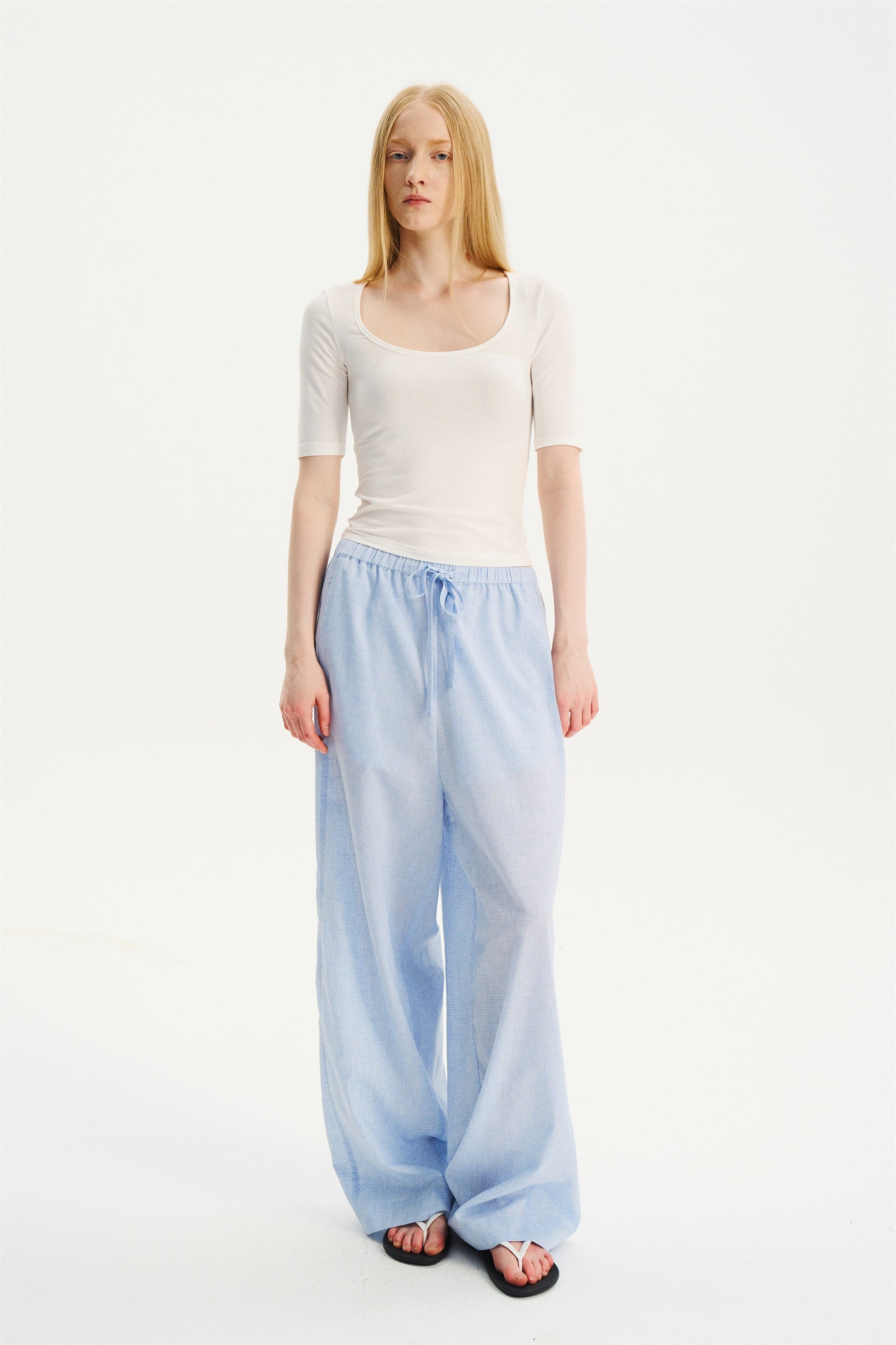 Deep U-Neck Elbow-Sleeve T-Shirt White