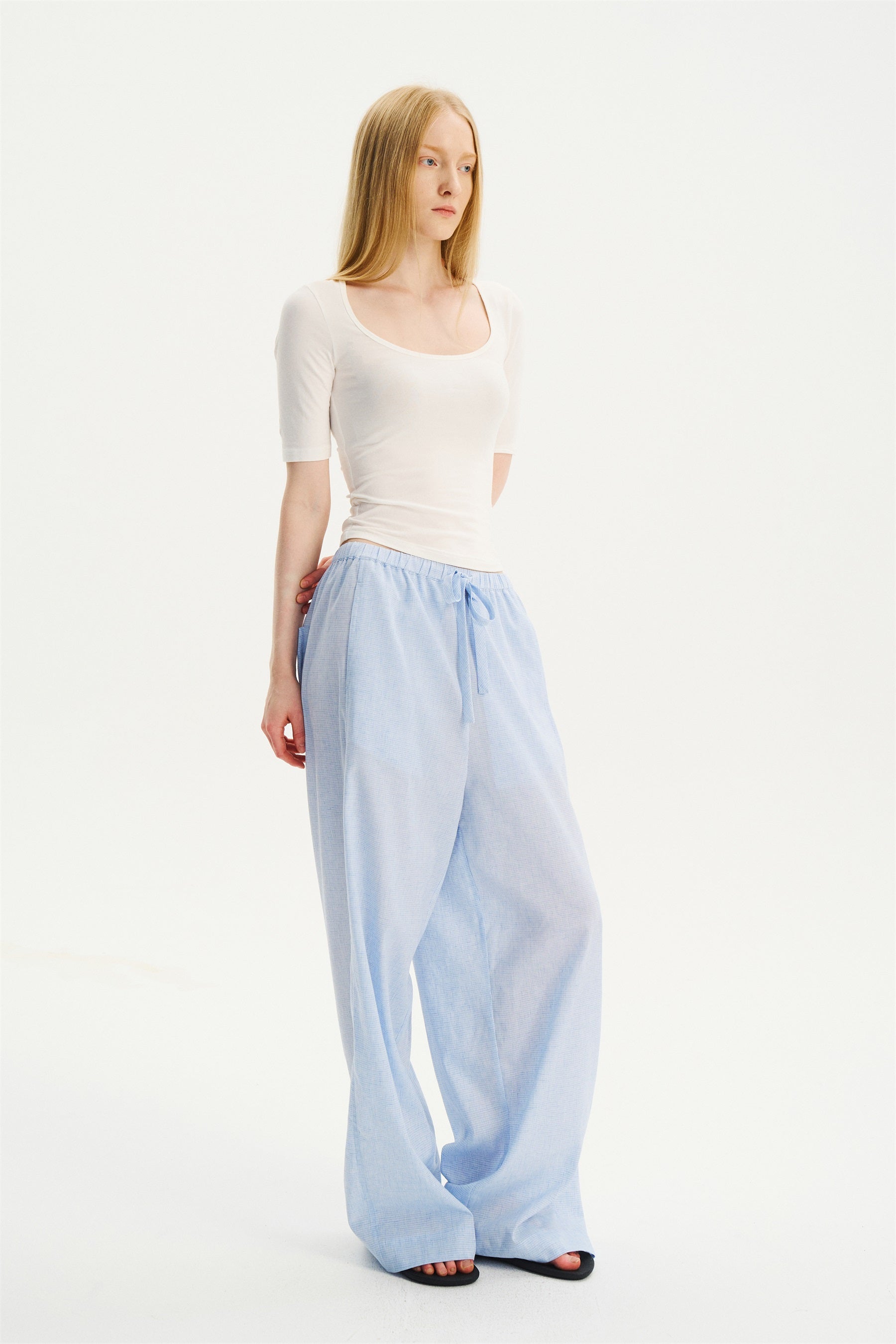 Deep U-Neck Elbow-Sleeve T-Shirt White