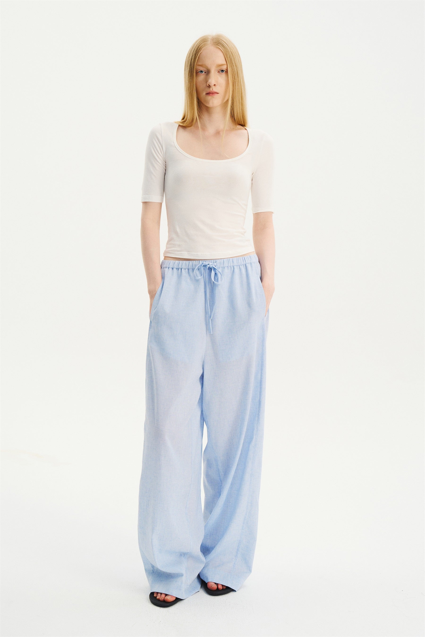Deep U-Neck Elbow-Sleeve T-Shirt White