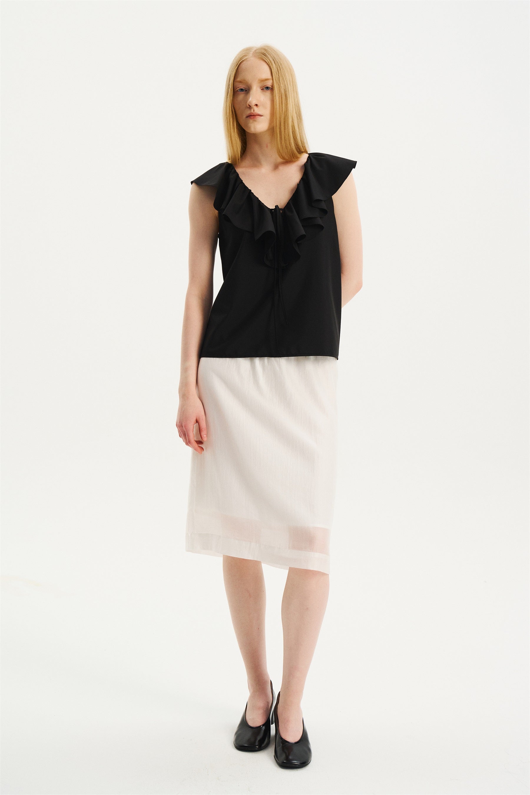 V-Neck Ruffle Sleeveless Top Black