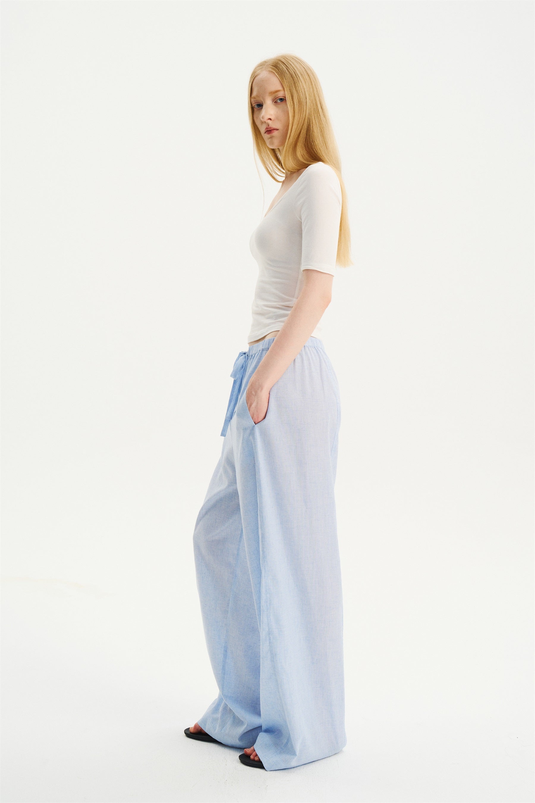 Deep U-Neck Elbow-Sleeve T-Shirt White