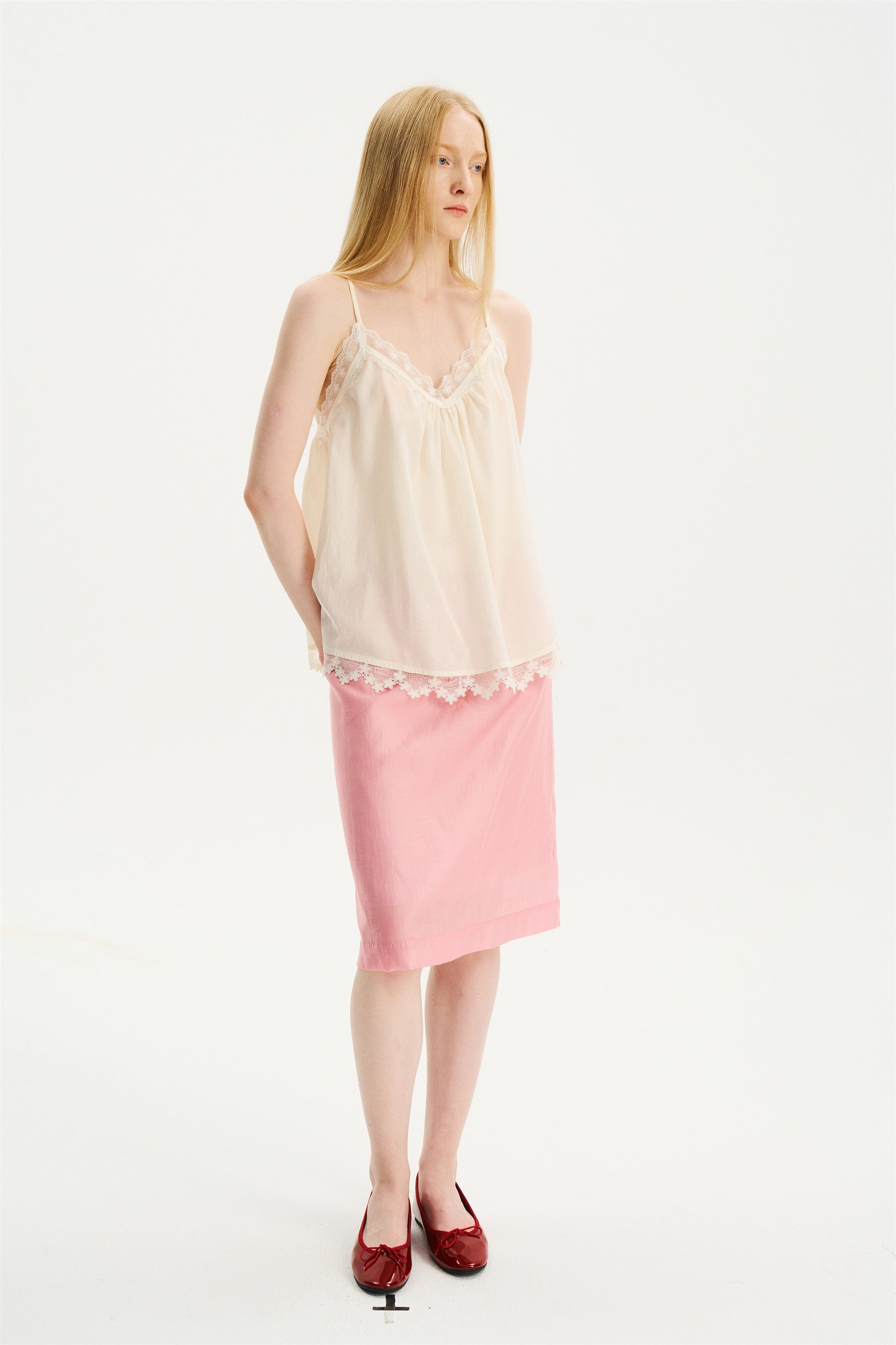 Lightweight Lace-Trim Elastic-Waist Midi Skirt Pink