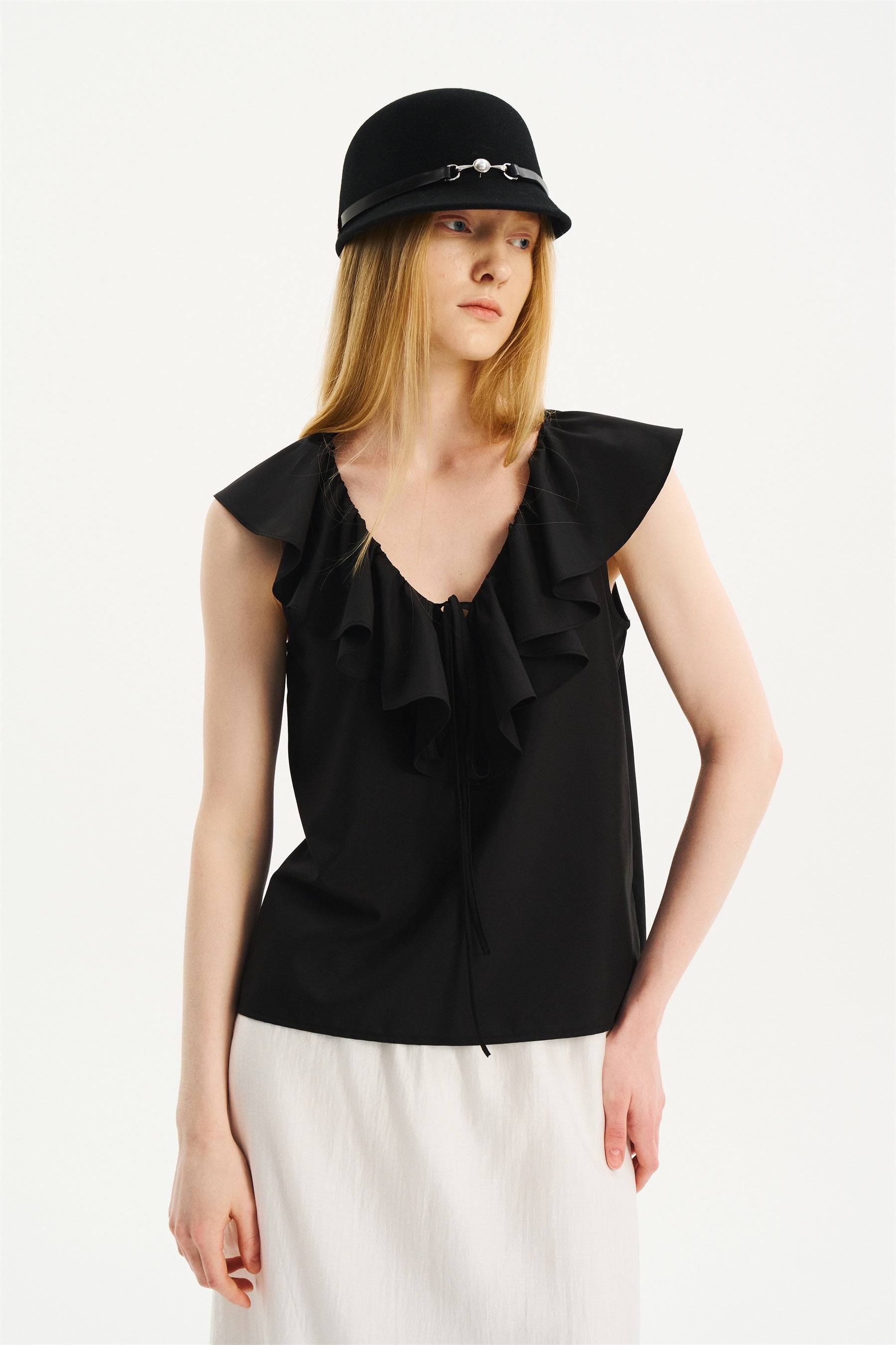 V-Neck Ruffle Sleeveless Top Black