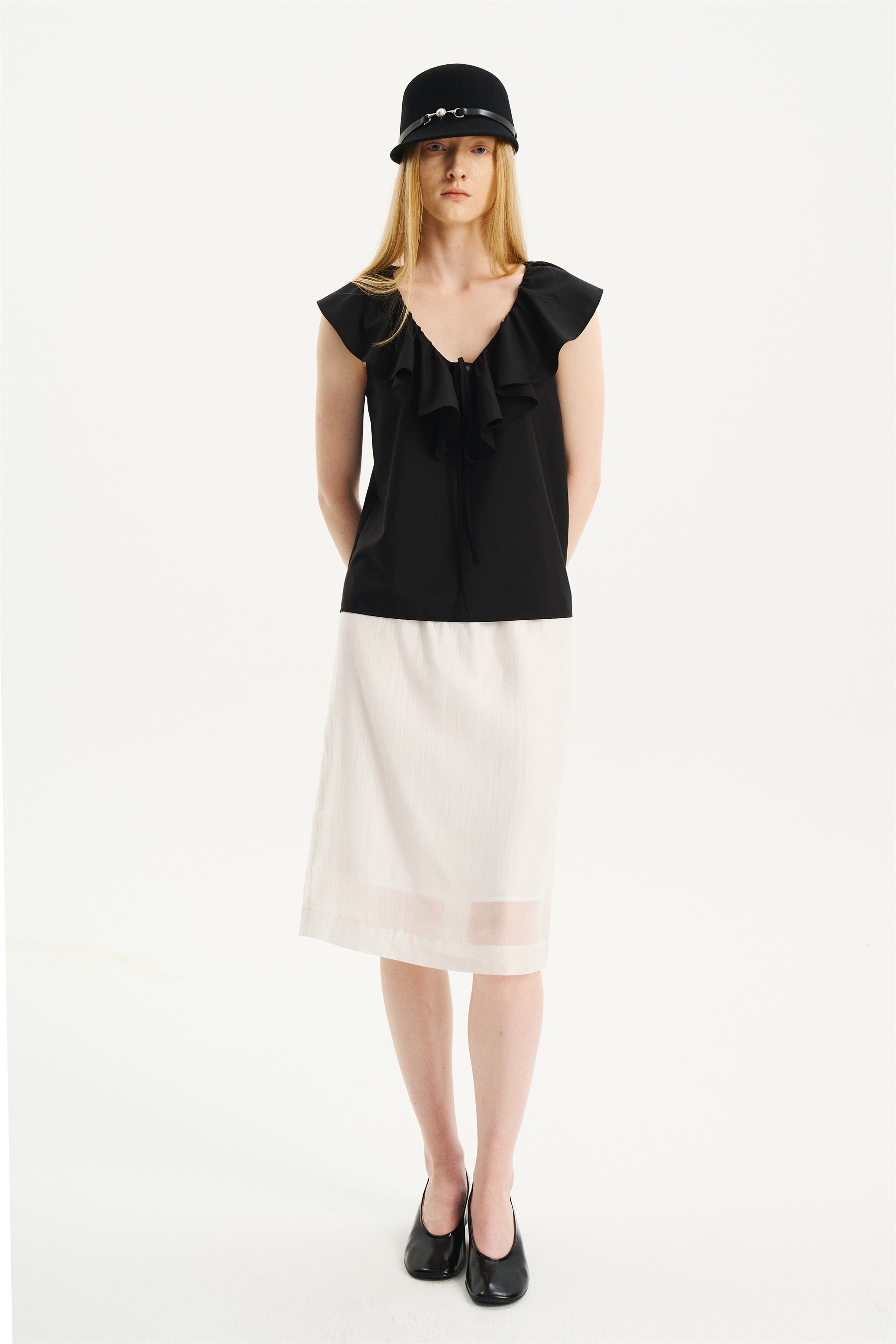 Lightweight Lace-Trim Elastic-Waist Midi Skirt White