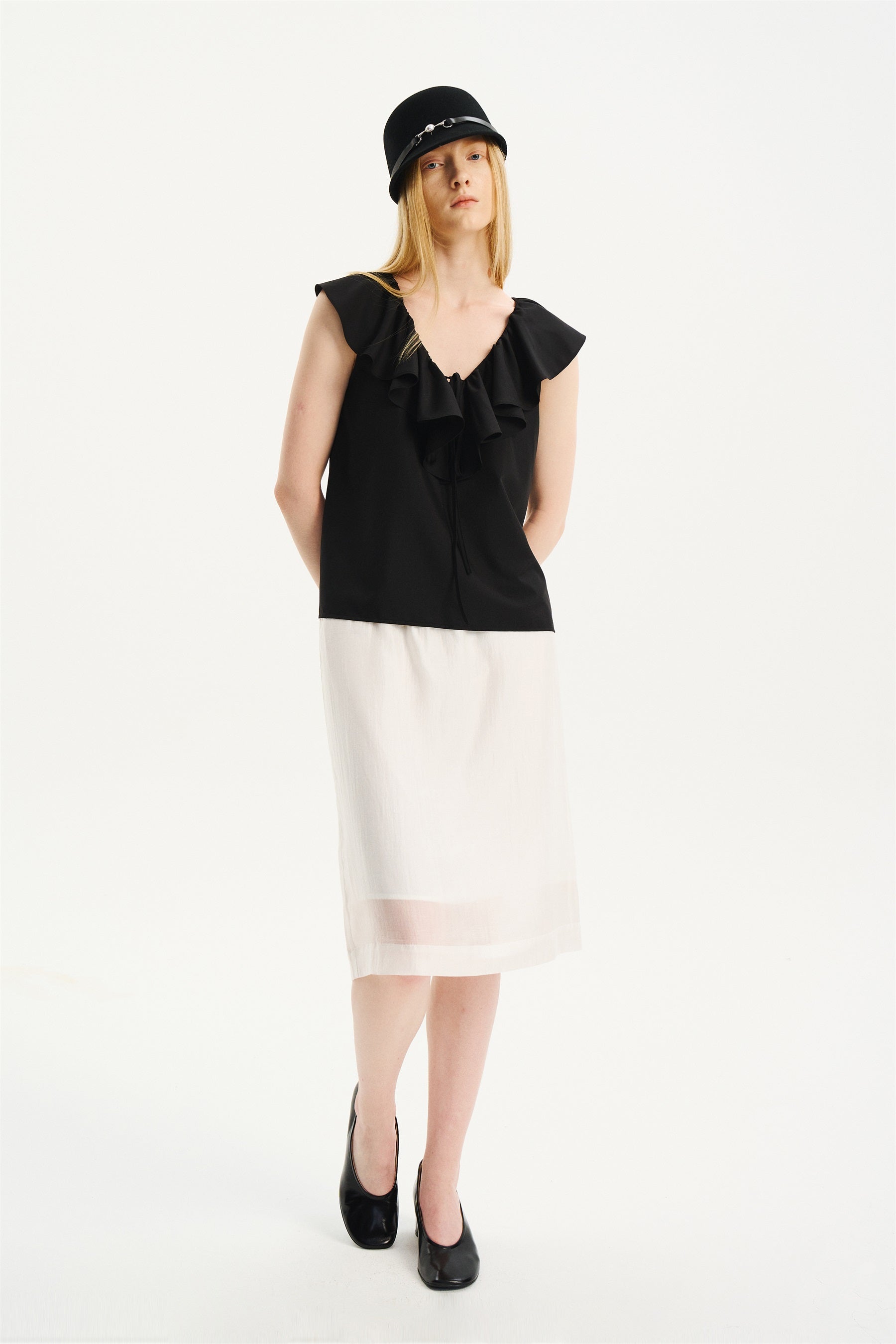 V-Neck Ruffle Sleeveless Top Black