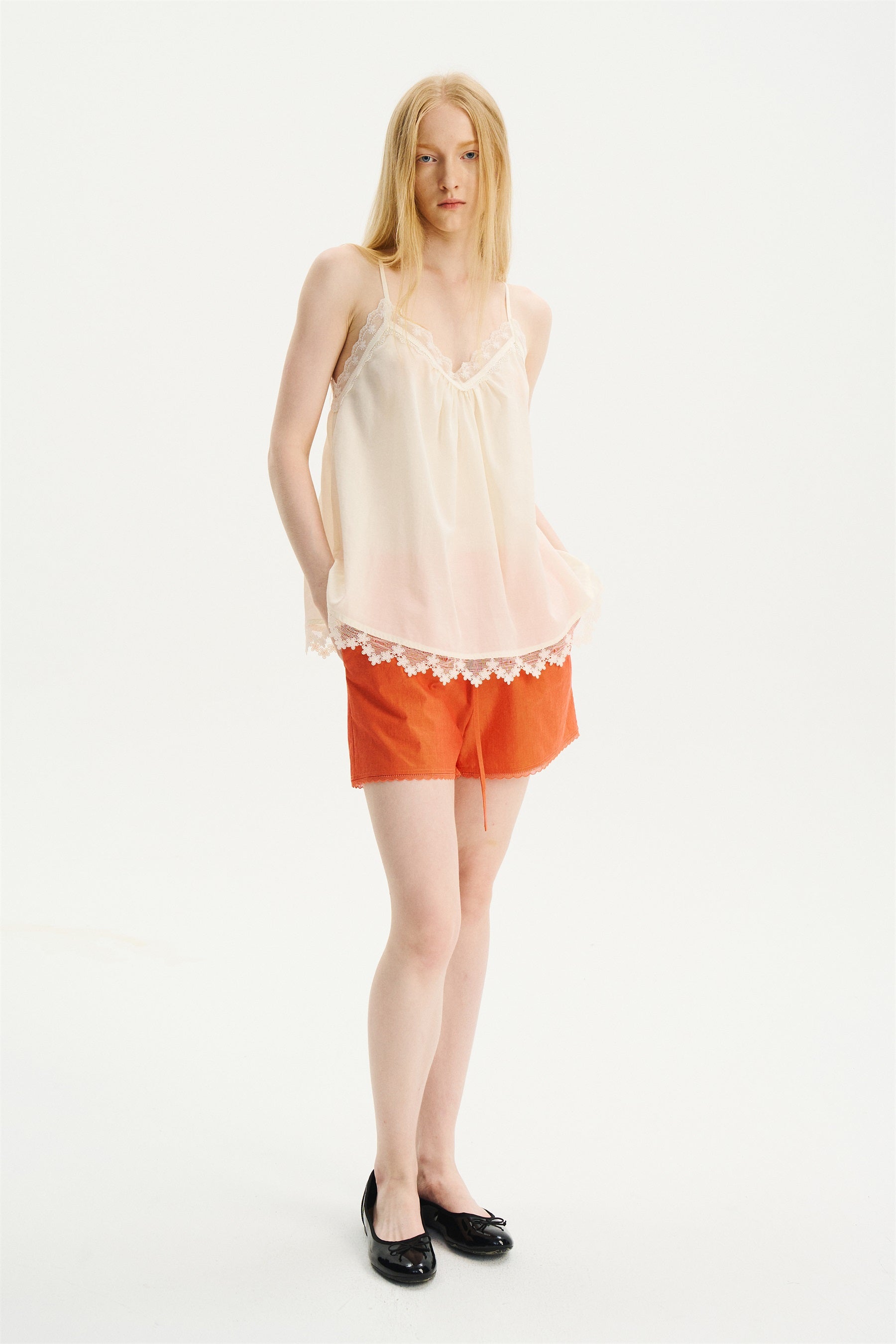 Elastic-Waist Lace-Trim Shorts Orange