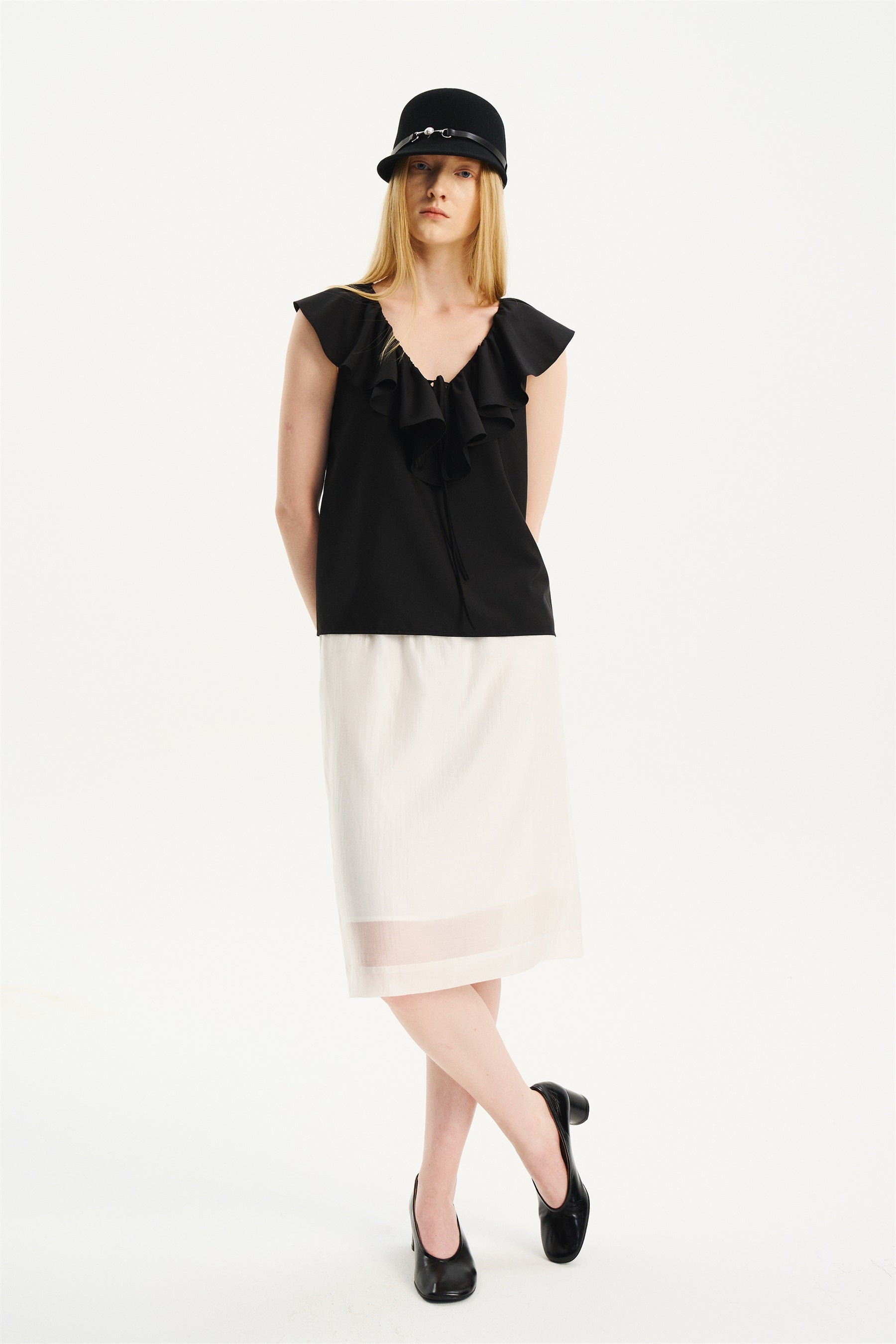 V-Neck Ruffle Sleeveless Top Black
